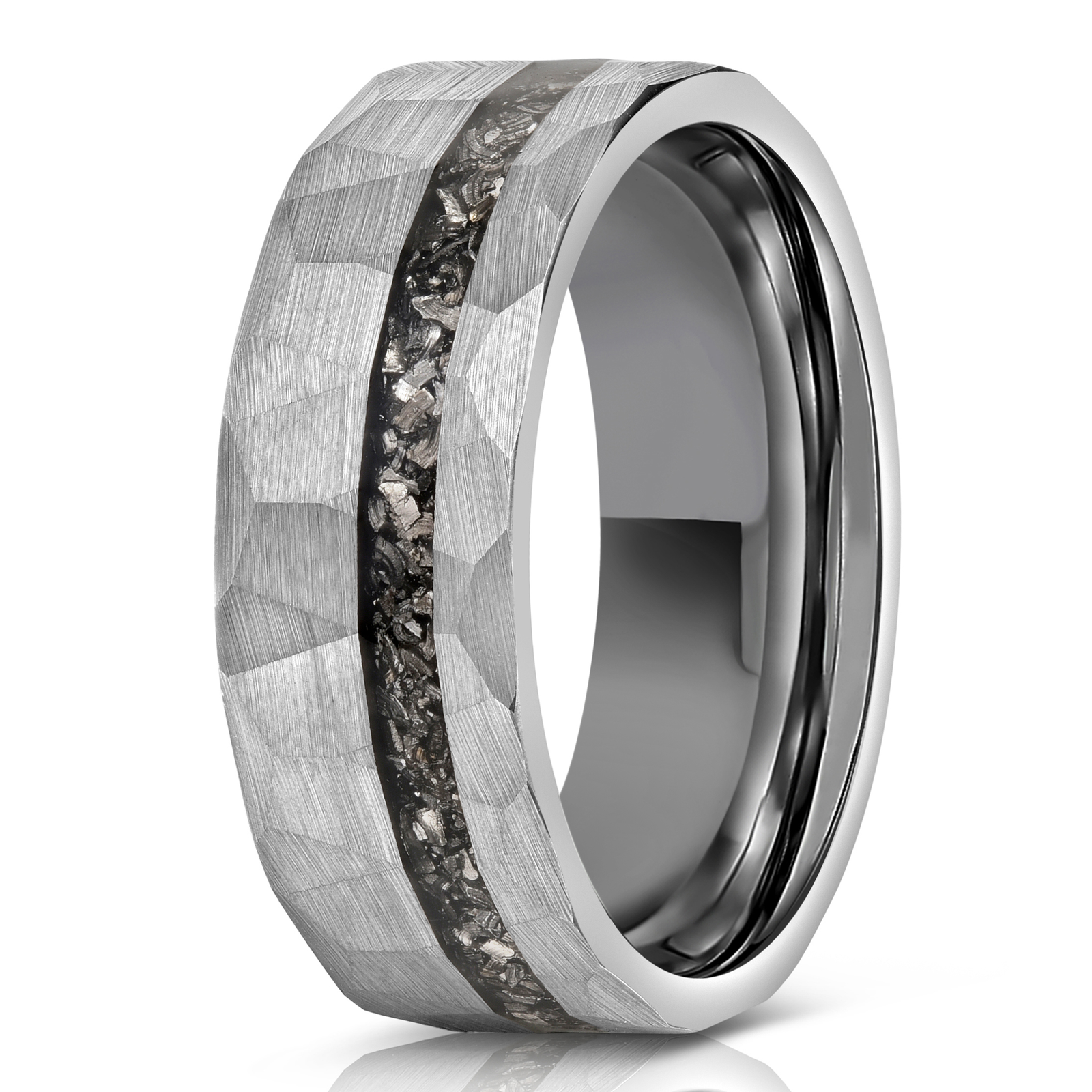 "Zeus" Hammered Tungsten Carbide Ring- Silver w/ Meteorite- 8mm