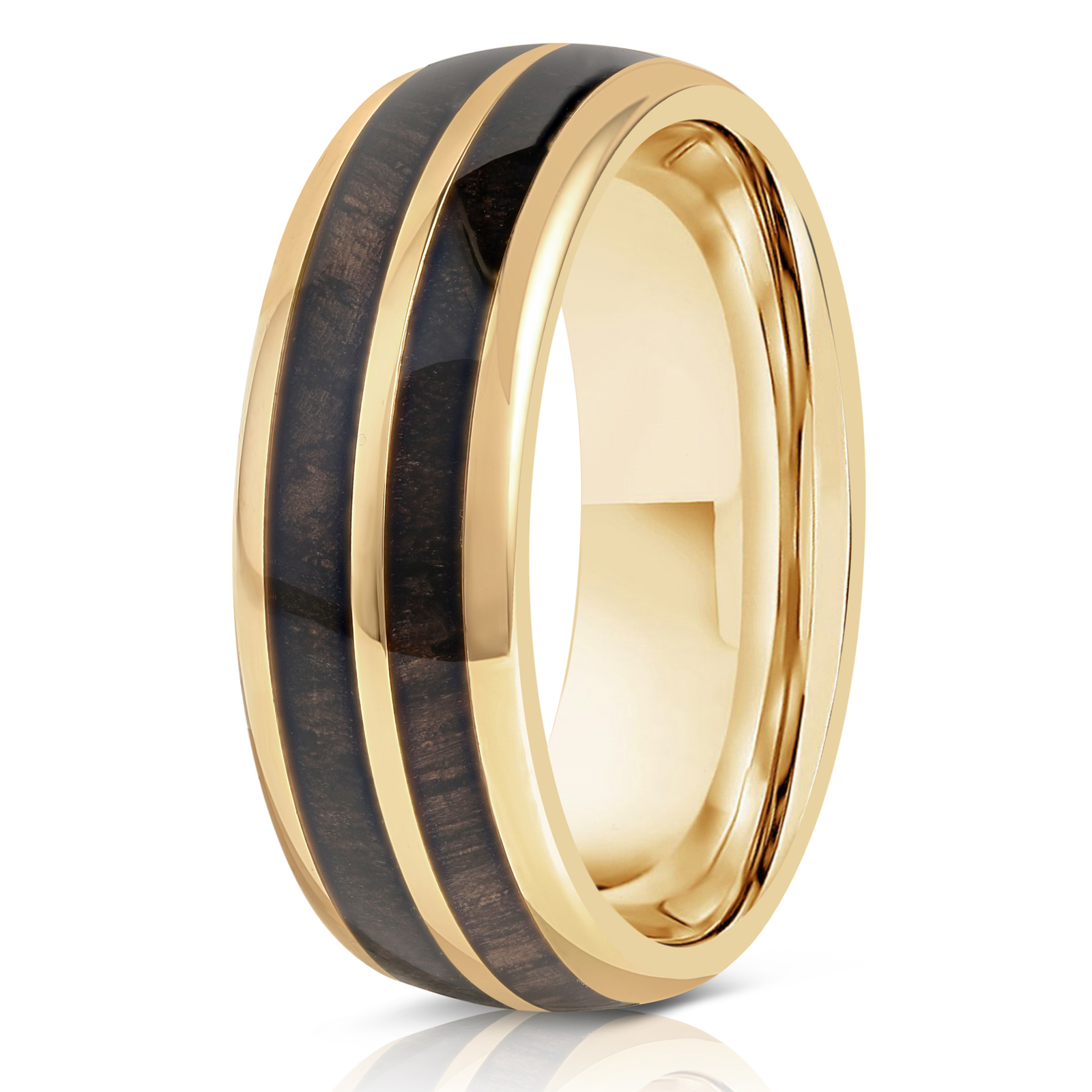 "Dionysus" Ancient Bog Oak Double Barrel Yellow Gold Tungsten Ring