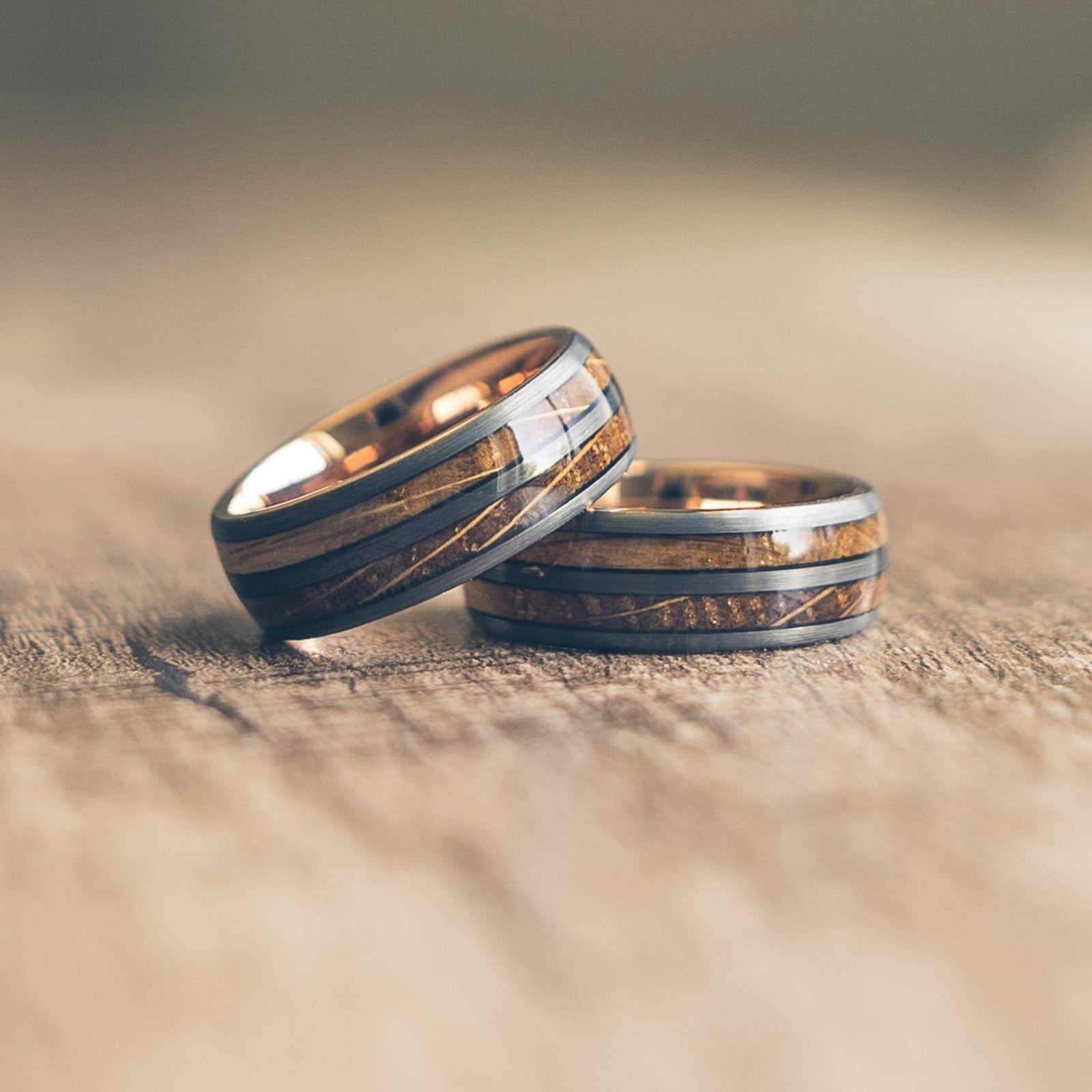 "Dionysus" Whisky Double Barrel Gunmetal/Rose Gold Tungsten Ring