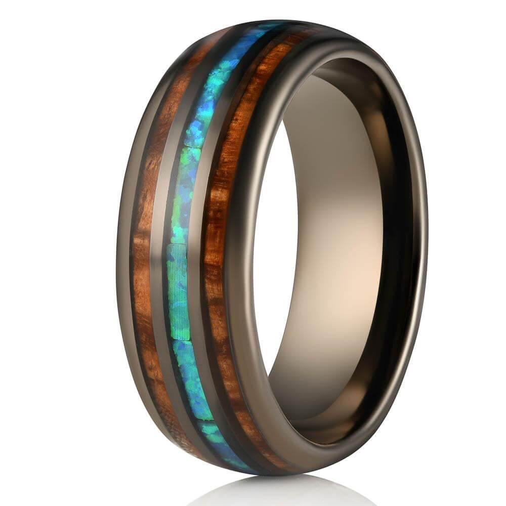 "Dionysus" Whisky Barrel x Blue Opal Gunmetal Tungsten Ring-Rings By Lux