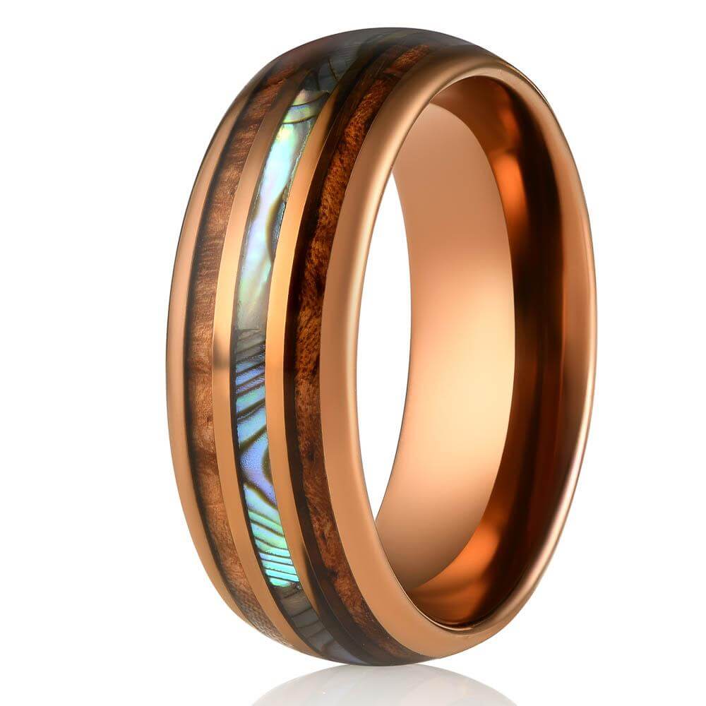 "Dionysus" Whisky Barrel x Abalone Shell Rose Gold Tungsten Ring-Rings By Lux