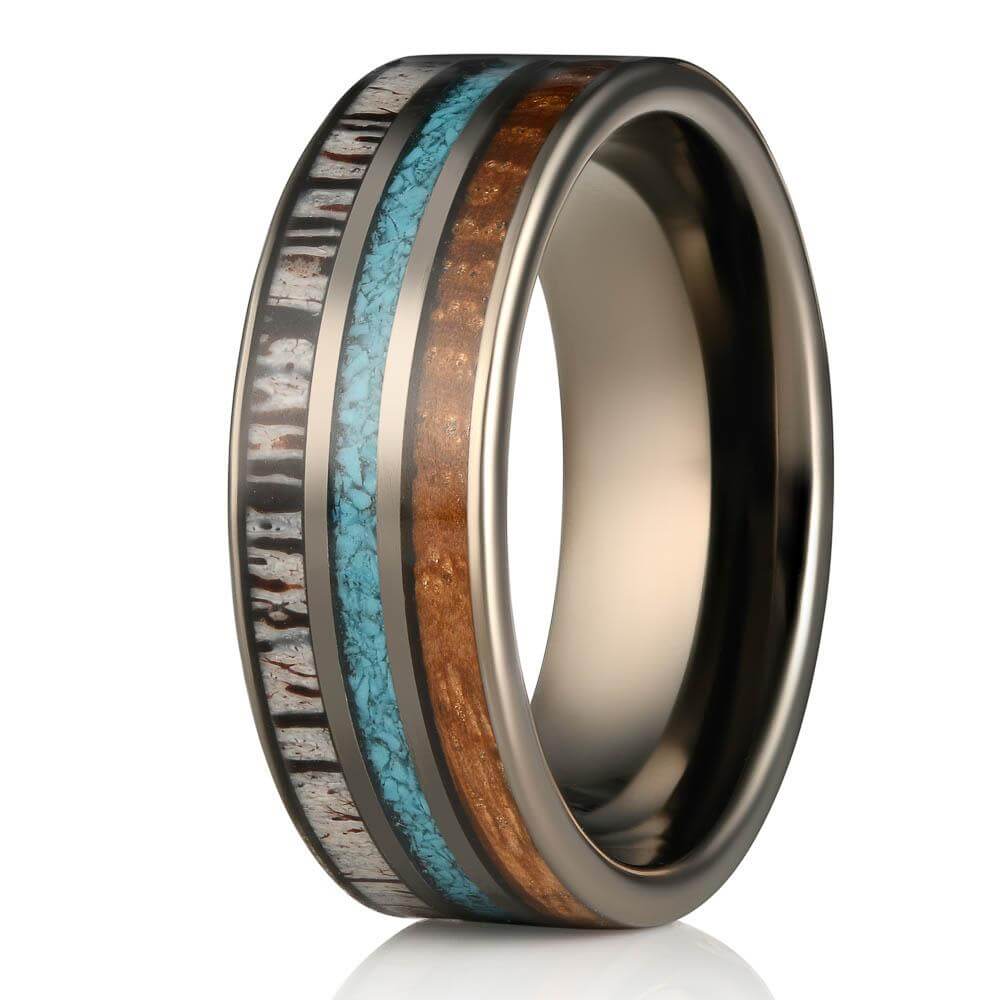 "Dionysus" Whisky Barrel x Turquoise x Naturally Shed Antler Gunmetal Tungsten Ring- Flat-Rings By Lux