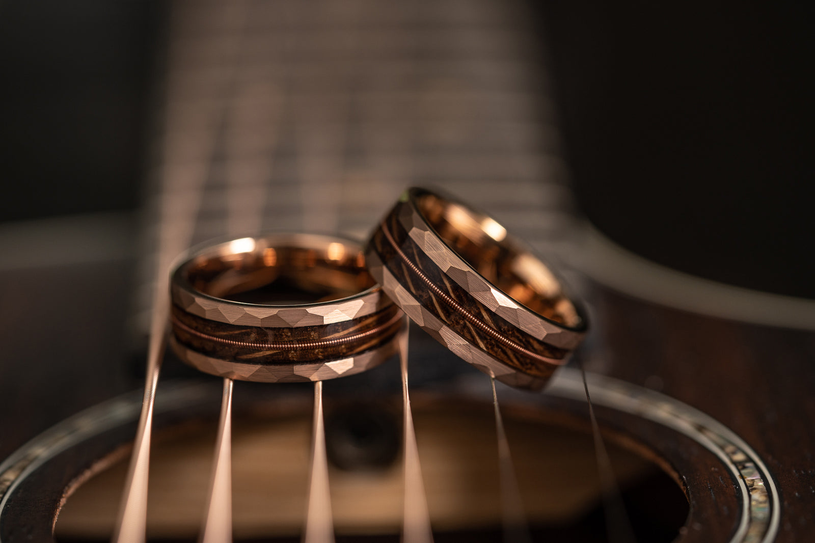 "Rhythm & Whiskey" Whiskey Barrel Wood x Guitar String Ring- Rose Gold Hammered Tungsten
