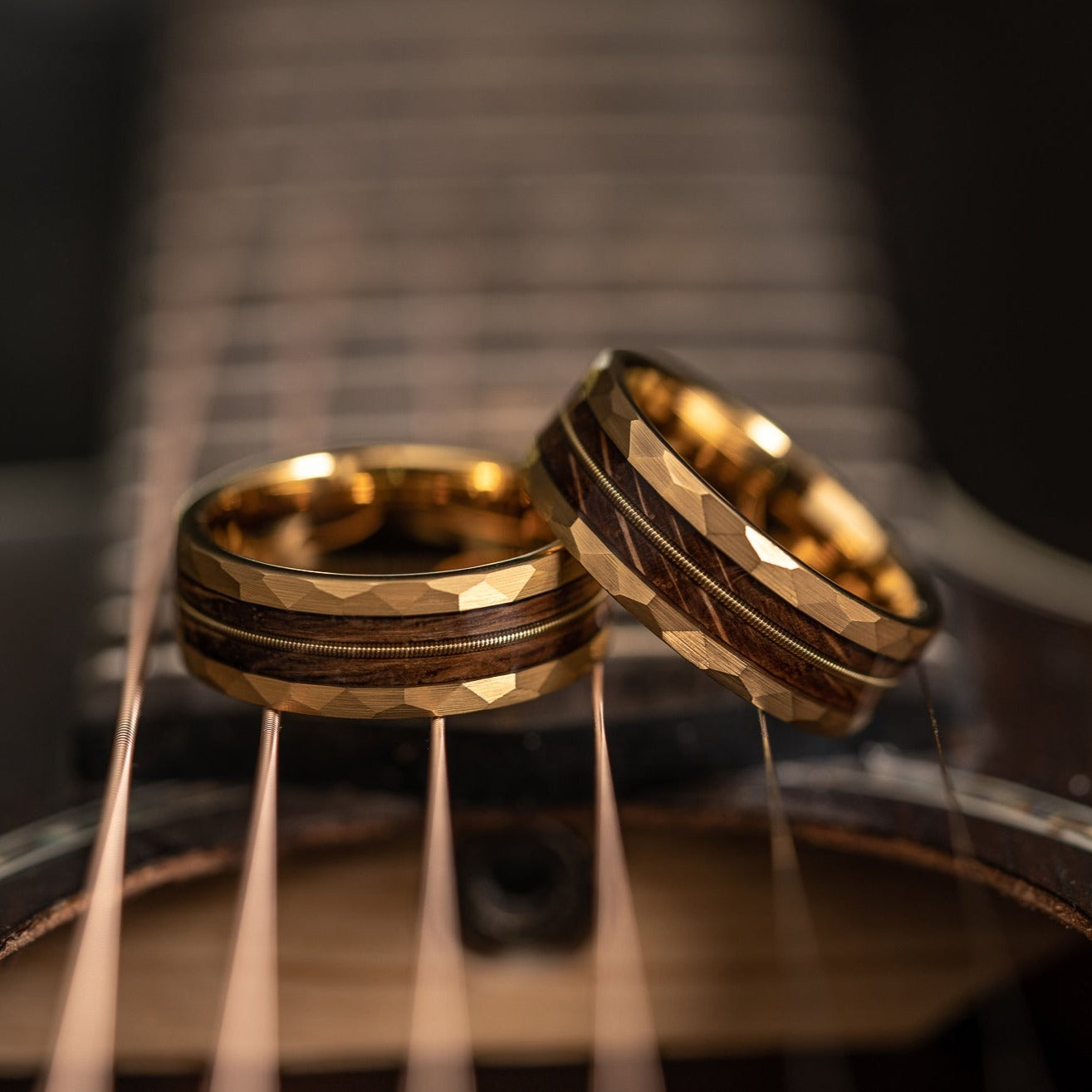 "Rhythm & Whiskey" Whiskey Barrel Wood x Guitar String Ring- Yellow Gold Hammered Tungsten