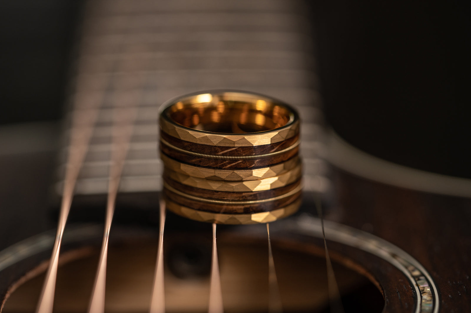 "Rhythm & Whiskey" Whiskey Barrel Wood x Guitar String Ring- Yellow Gold Hammered Tungsten