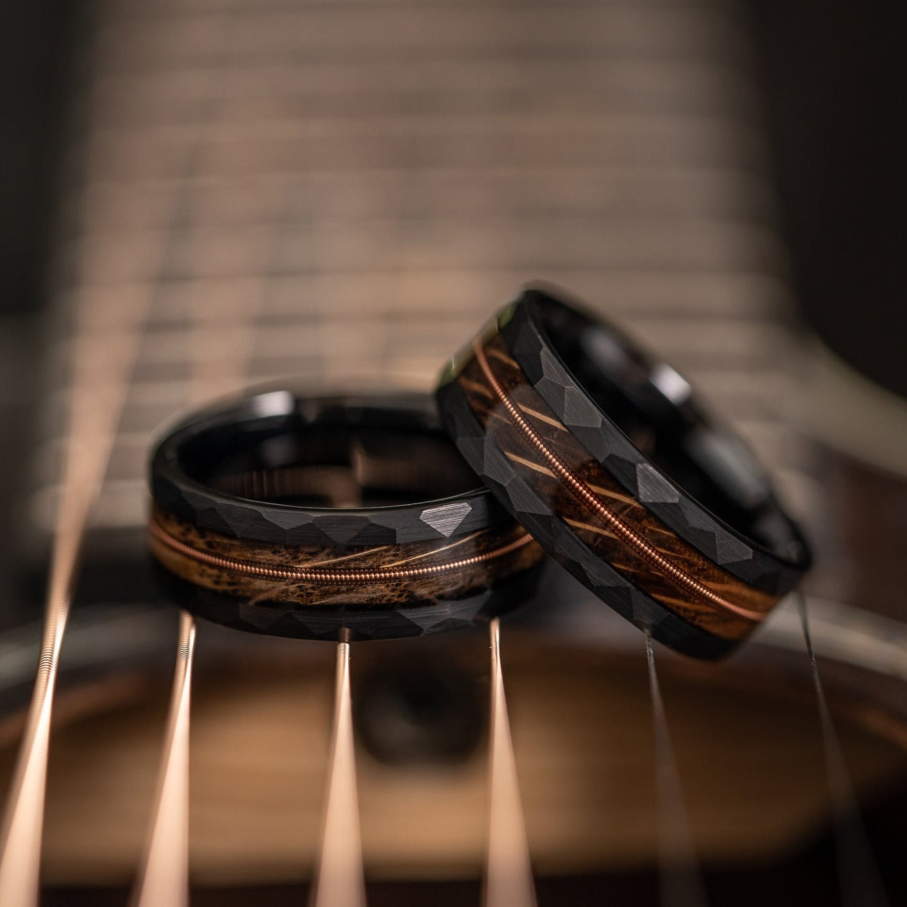 "Rhythm & Whiskey" Whiskey Barrel Wood x Guitar String Ring- black Hammered Tungsten