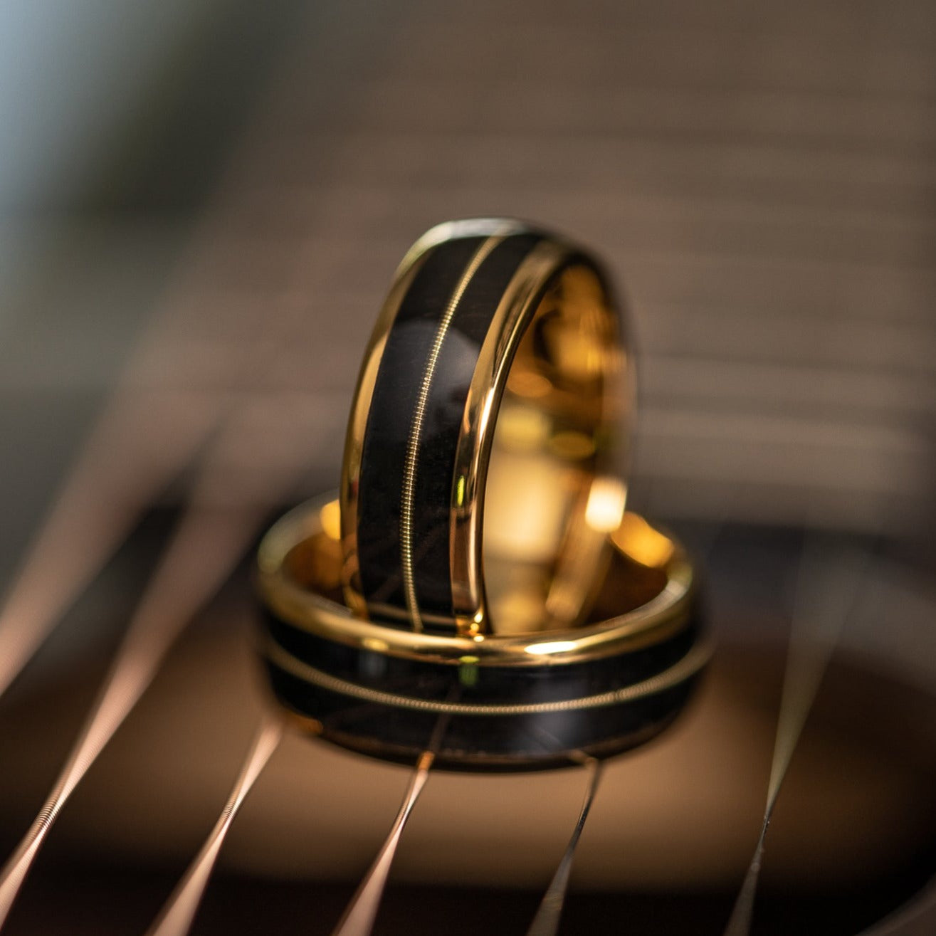 "Celtic Melody" Irish Bog Wood x Guitar String Ring- Yellow Gold Tungsten