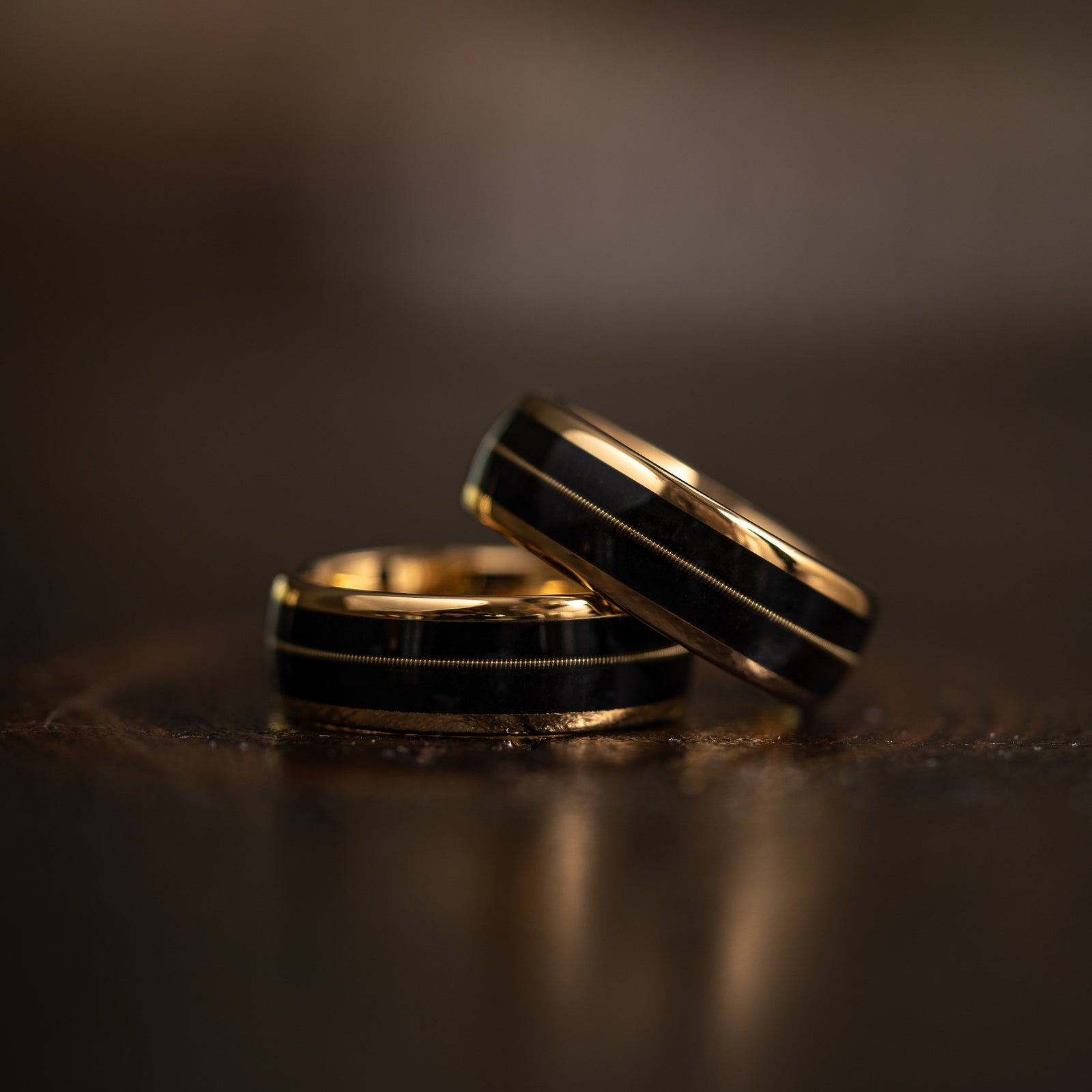 "Celtic Melody" Irish Bog Wood x Guitar String Ring- Yellow Gold Tungsten