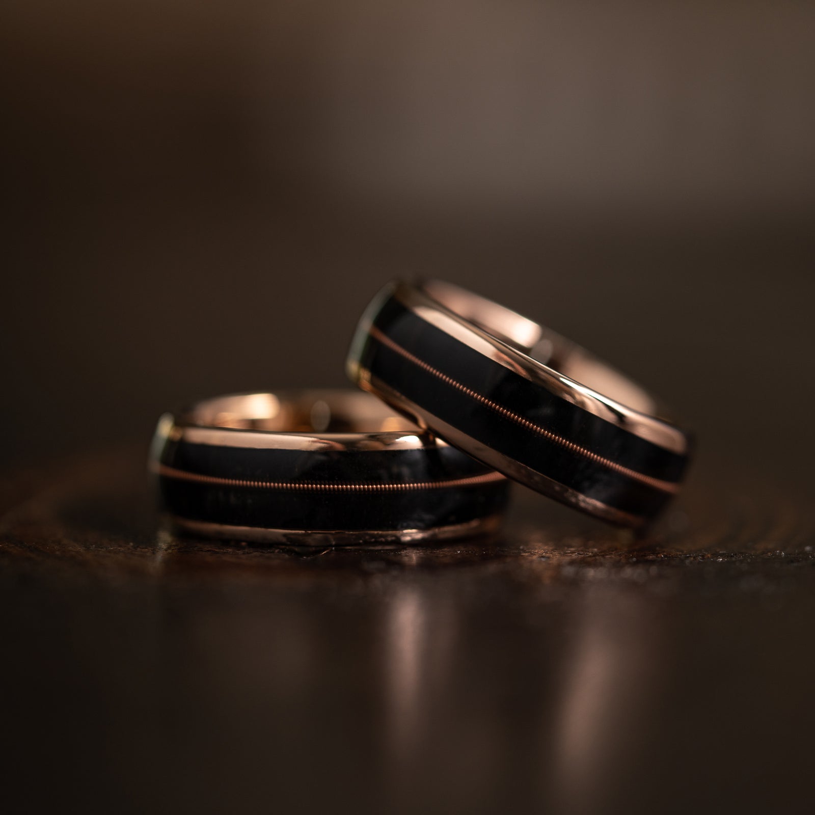 "Celtic Melody" Irish Bog Wood x Guitar String Ring- Rose Gold Tungsten