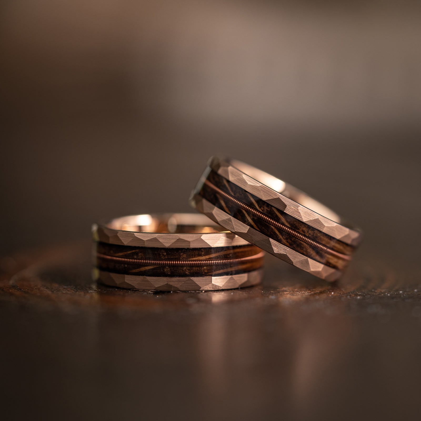 "Rhythm & Whiskey" Whiskey Barrel Wood x Guitar String Ring- Rose Gold Hammered Tungsten