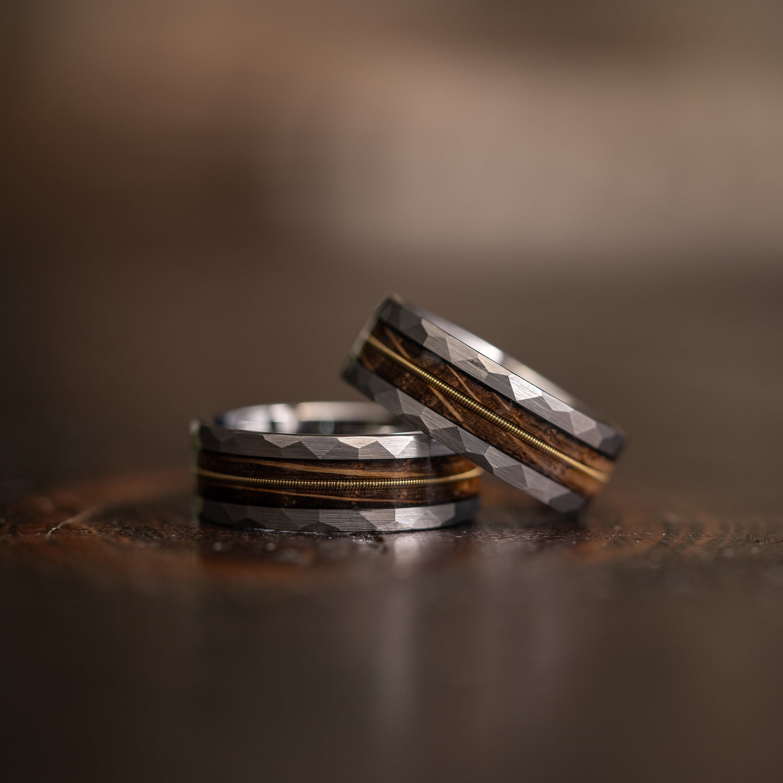 "Rhythm & Whiskey" Whiskey Barrel Wood x Guitar String Ring- Silver Hammered Tungsten