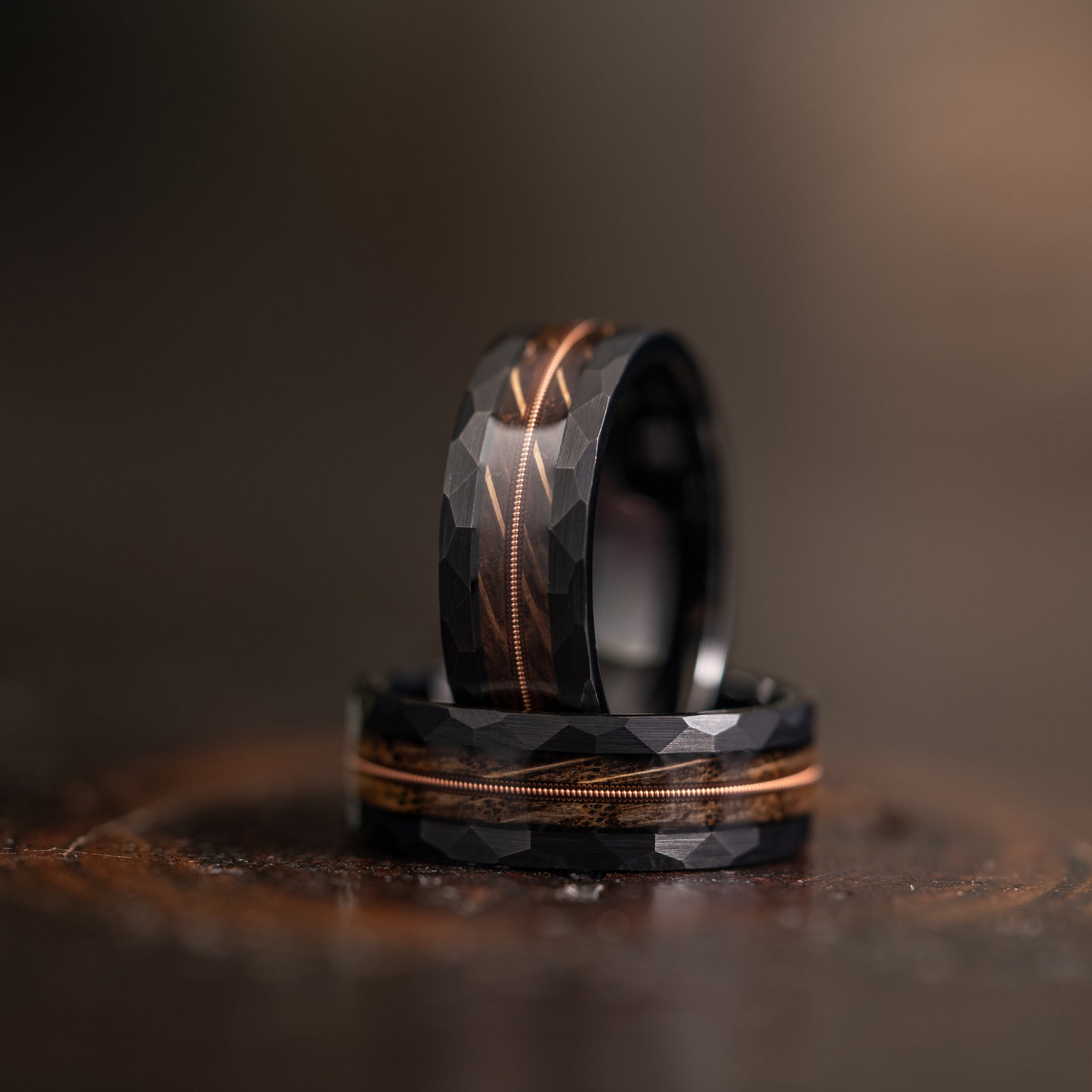 "Rhythm & Whiskey" Whiskey Barrel Wood x Guitar String Ring- black Hammered Tungsten