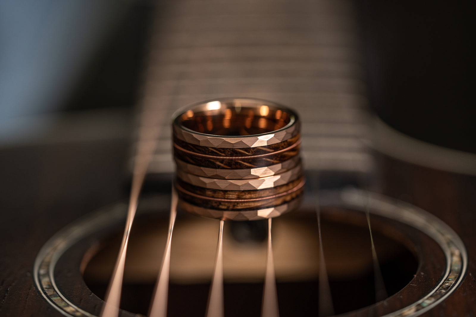 "Rhythm & Whiskey" Whiskey Barrel Wood x Guitar String Ring- Rose Gold Hammered Tungsten
