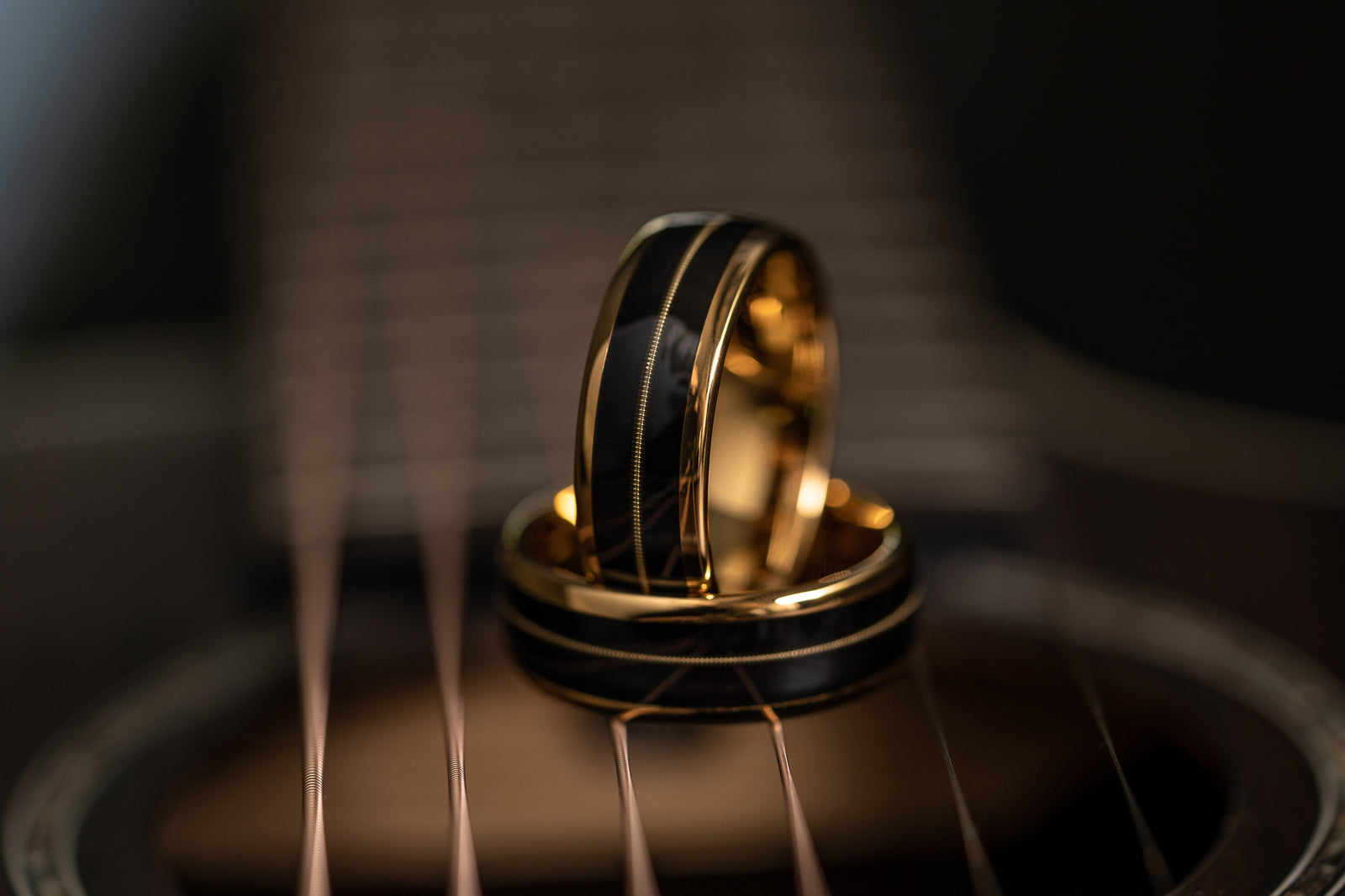 "Celtic Melody" Irish Bog Wood x Guitar String Ring- Yellow Gold Tungsten