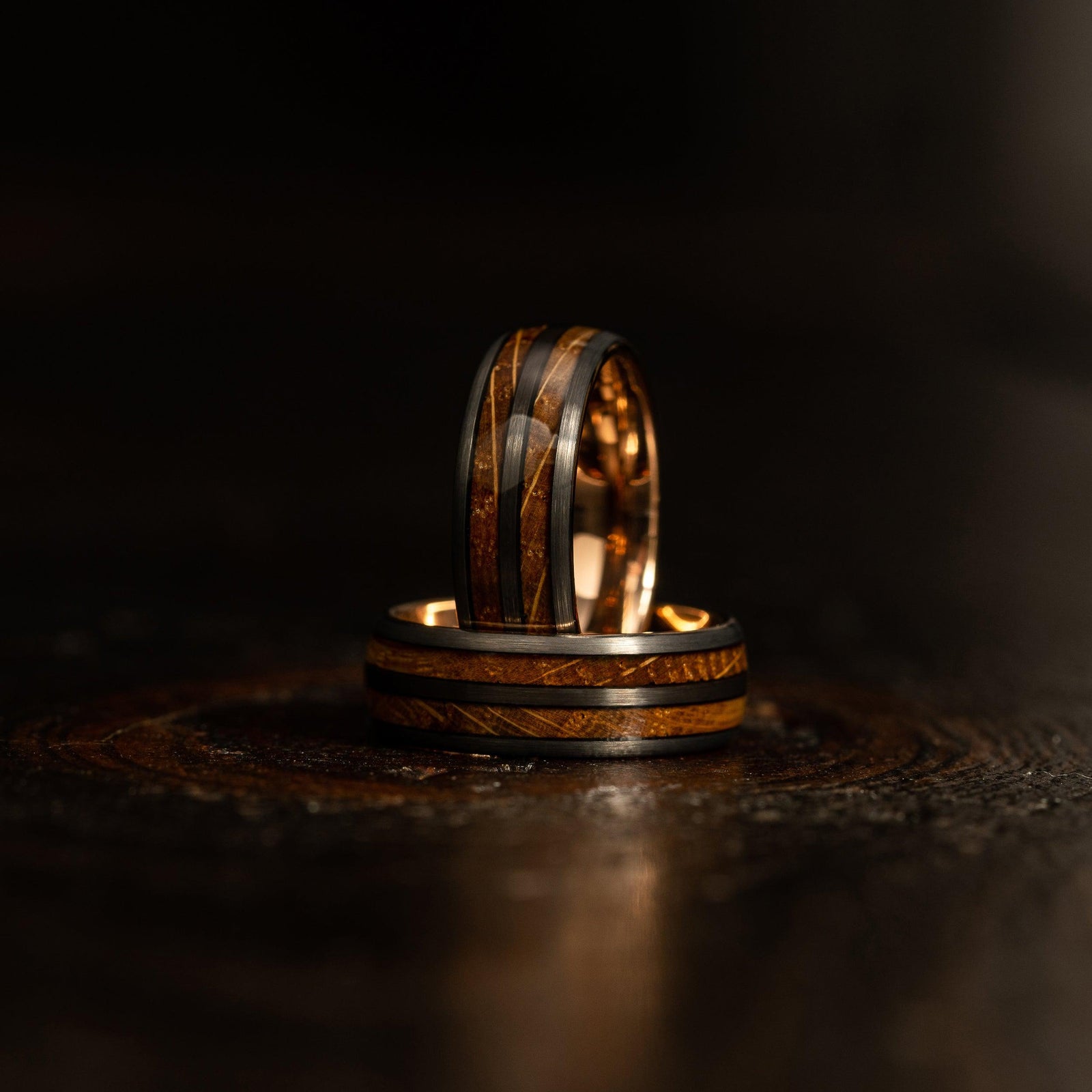 "Dionysus" Whisky Double Barrel Gunmetal/Rose Gold Tungsten Ring