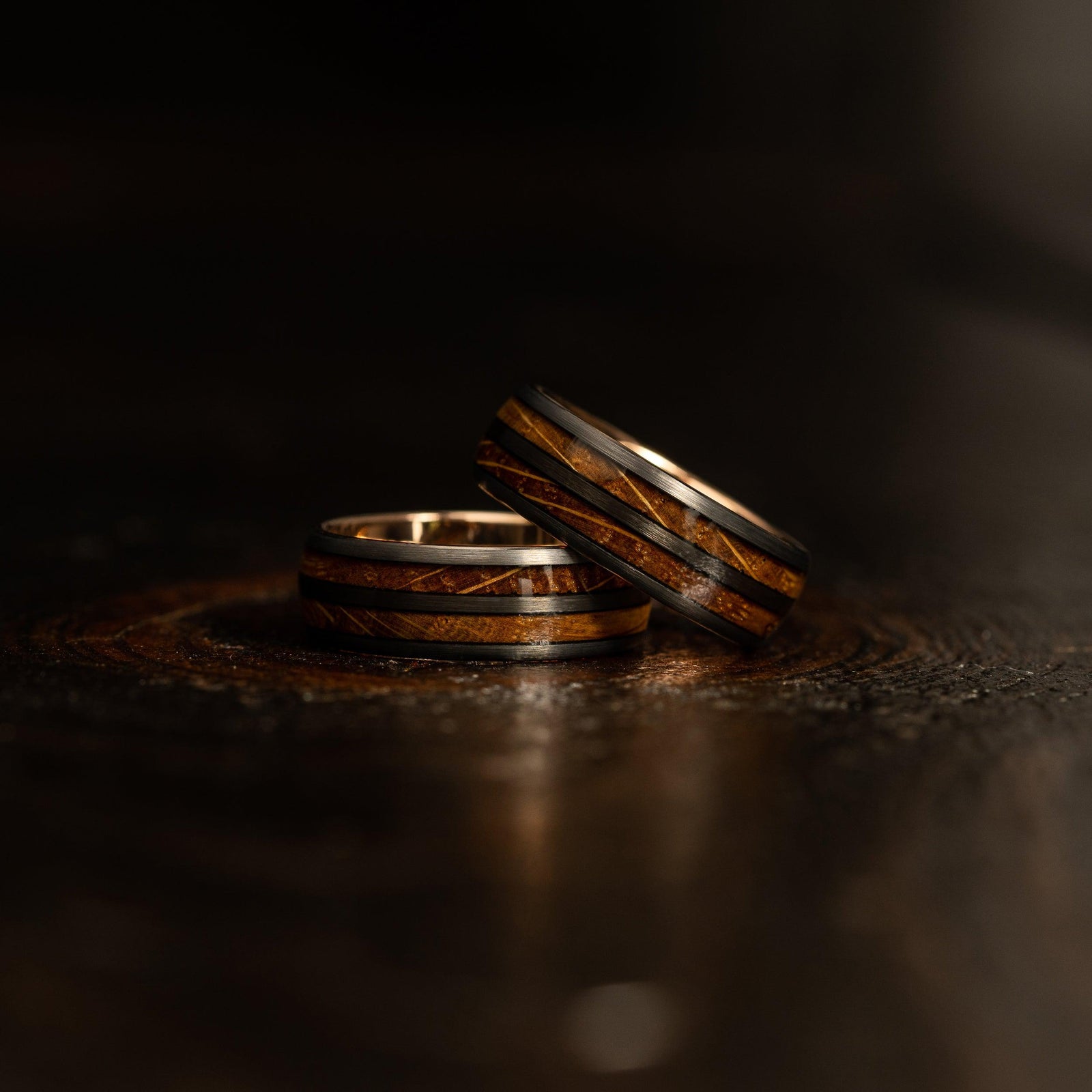 "Dionysus" Whisky Double Barrel Gunmetal/Rose Gold Tungsten Ring