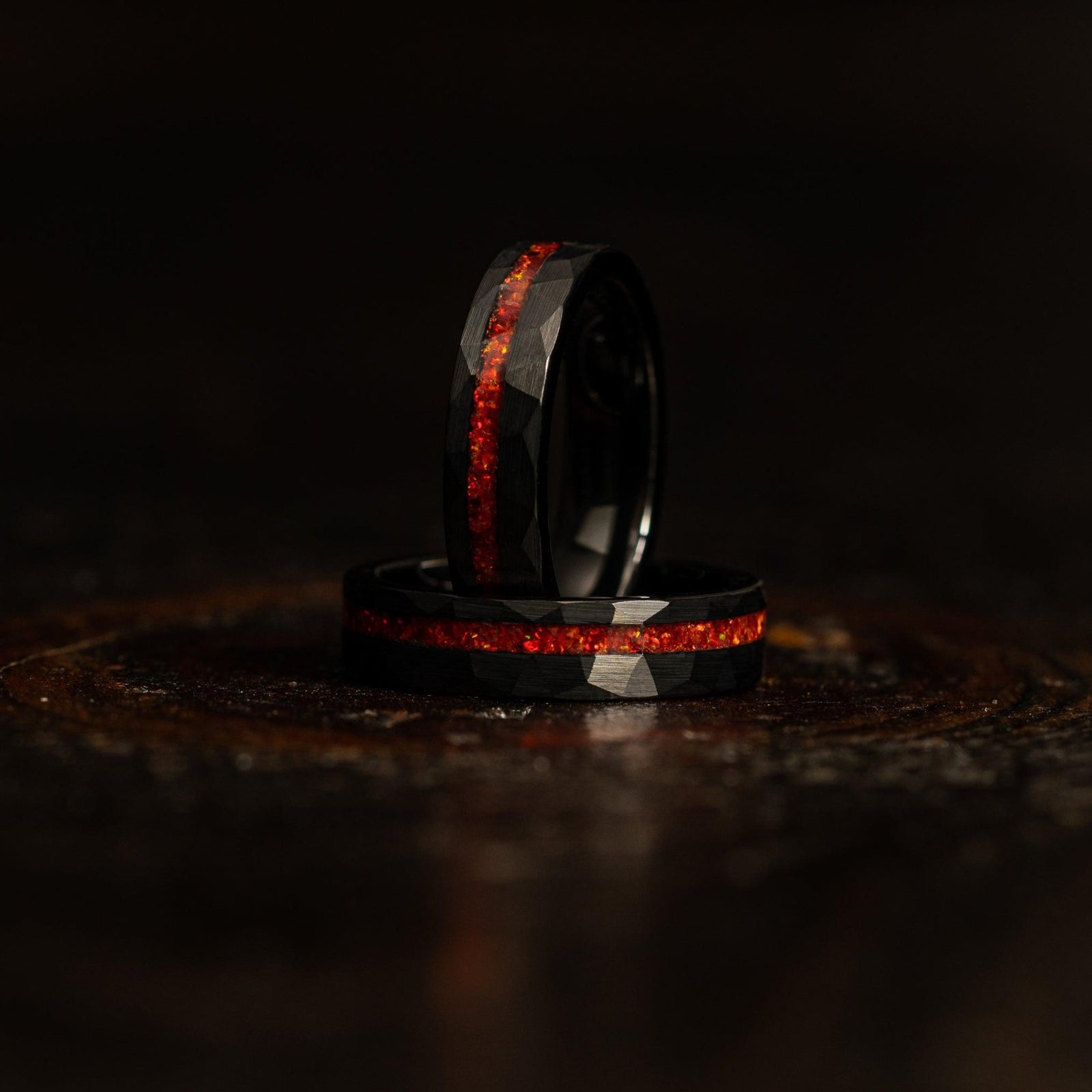 "Zeus" Womens Hammered Tungsten Carbide Ring- Black w/ Red Opal Strip- 5mm