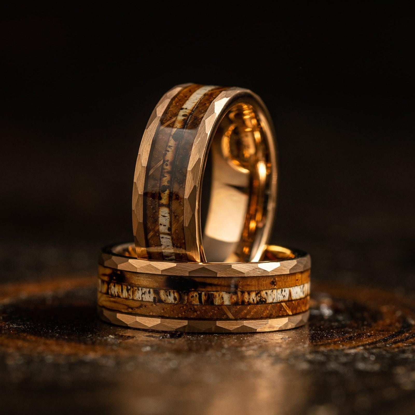 "Zeus" Hammered Ring- Rose Gold with Charred Whiskey Barrel and Antler 6mm/8mm