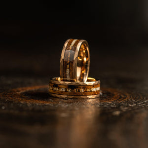 "Zeus" Hammered Ring- Rose Gold with Charred Whiskey Barrel and Antler 6mm/8mm
