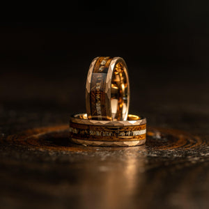 "Zeus" Hammered Ring- Rose Gold with Charred Whiskey Barrel and Antler 6mm/8mm