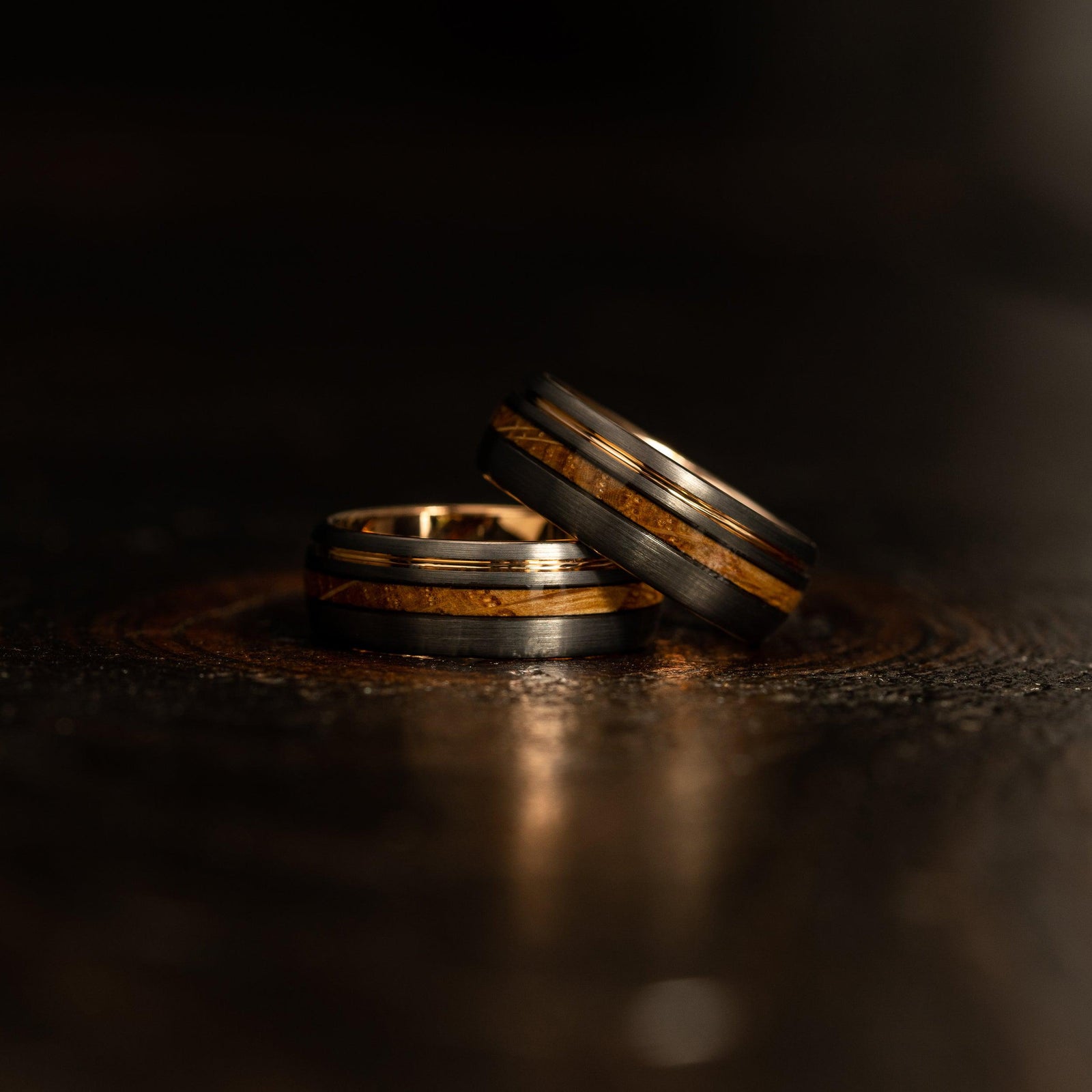 "Dionysus" Whiskey Barrel Gunmetal/Rose Gold Tungsten Ring