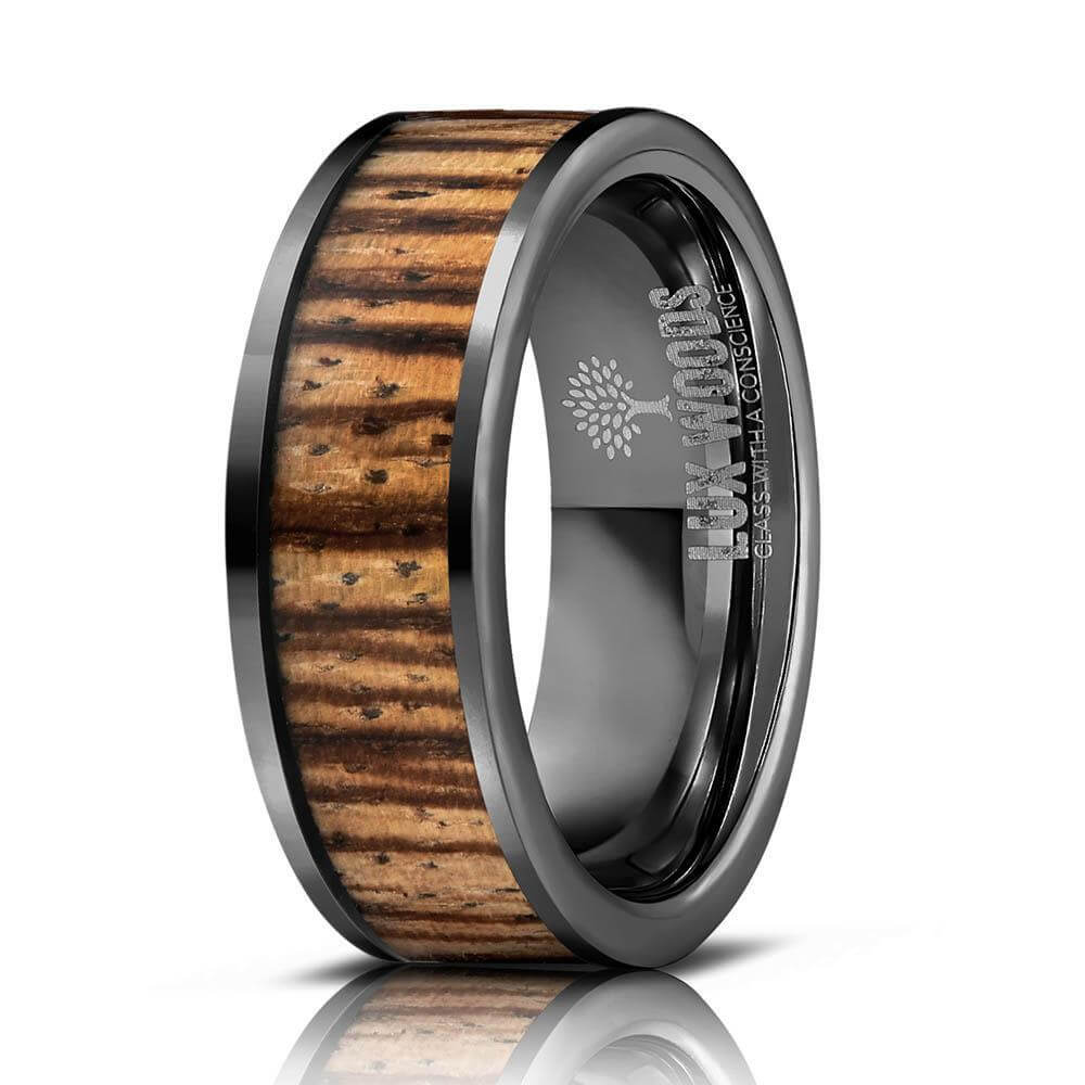 "Apollo" Gunmetal Tungsten Zebrawood Inlay Ring-Rings By Lux