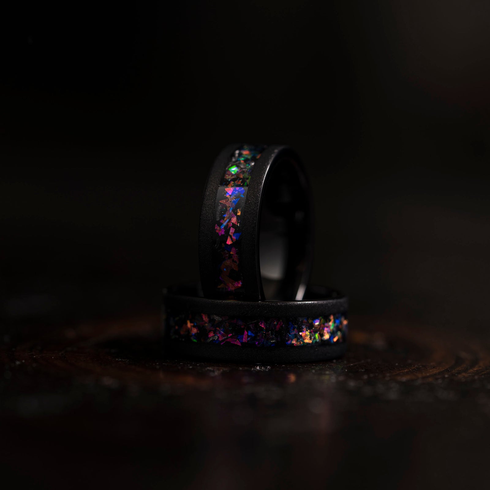 "Zeus" Flat Nebula Ring Purple- Meteorite and Opal- Black 8mm