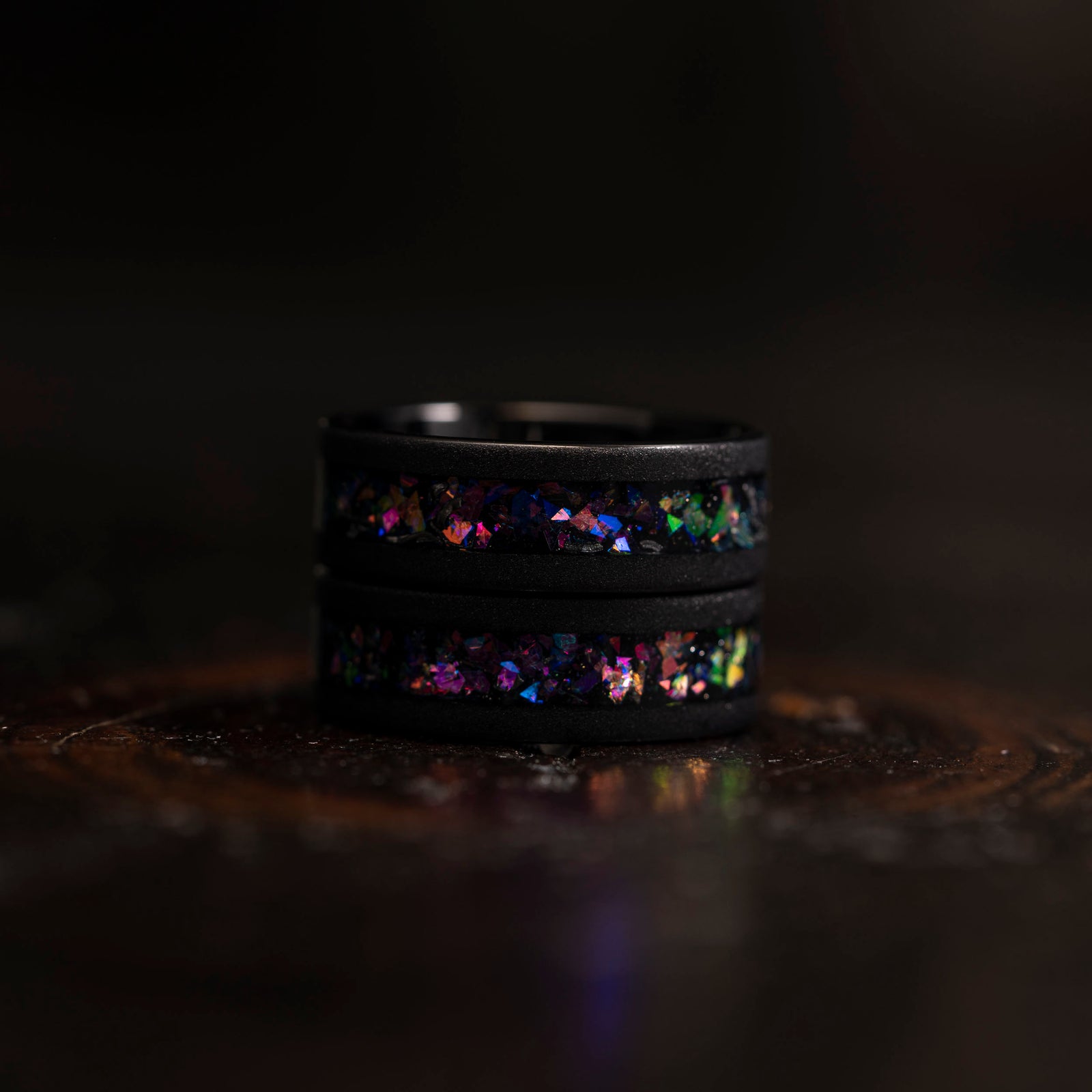 "Zeus" Flat Nebula Ring Purple- Meteorite and Opal- Black 8mm