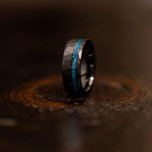 "Zeus" Hammered Tungsten Carbide Ring- Black w/ Blue Opal Strip- 8mm-Rings By Lux