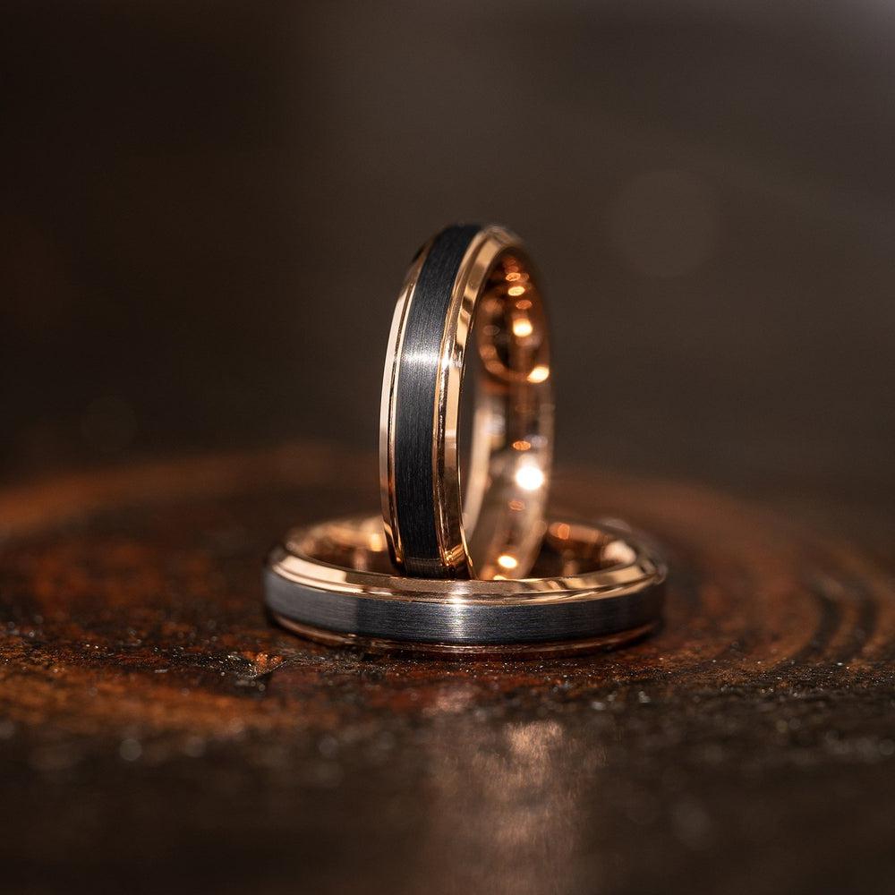"Apollo" Womens Tungsten Carbide Ring- Black w/ Rose Gold Strip- 4mm-Rings By Lux