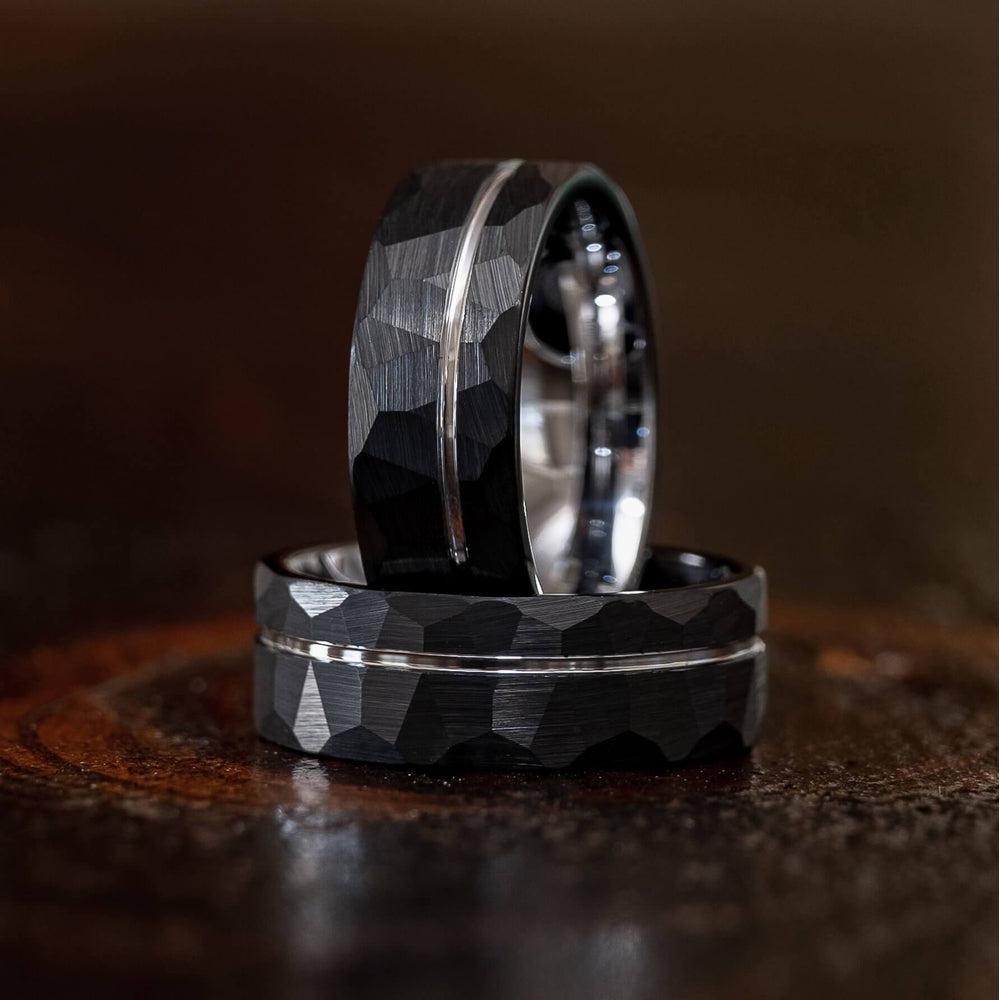 "Zeus" Hammered Tungsten Carbide Ring- Black w/ White Gold Strip- 8mm-Rings By Lux