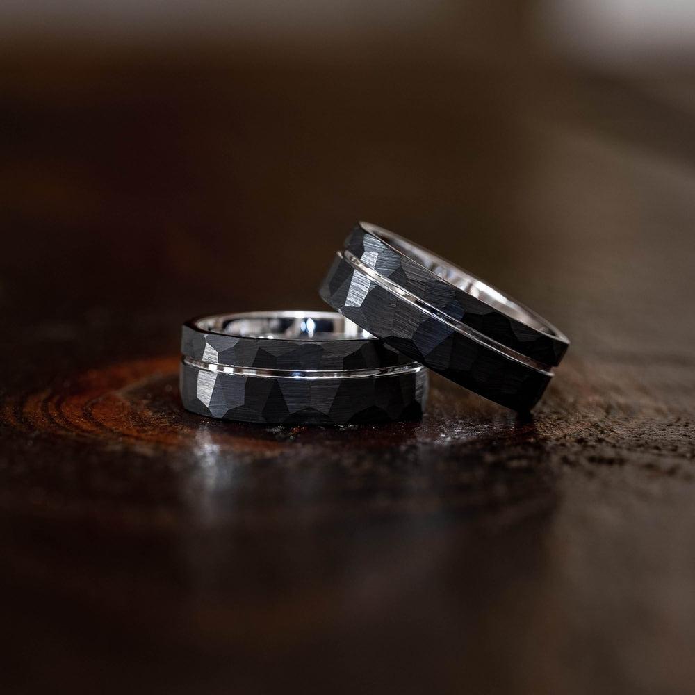 "Zeus" Hammered Tungsten Carbide Ring- Black w/ White Gold Strip- 8mm-Rings By Lux