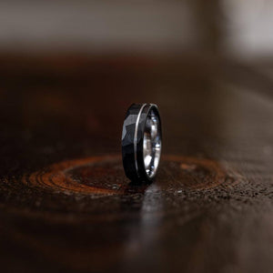 "Zeus" Hammered Tungsten Carbide Ring- Black w/ White Gold Strip- 8mm-Rings By Lux