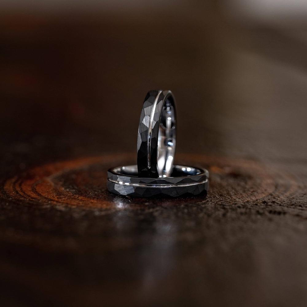 "Zeus" Hammered Tungsten Carbide Ring- Black w/ White Gold Strip- 8mm-Rings By Lux