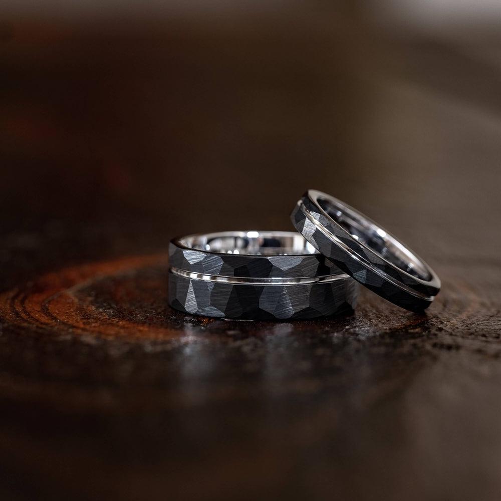 "Zeus" Hammered Tungsten Carbide Ring- Black w/ White Gold Strip- 8mm-Rings By Lux