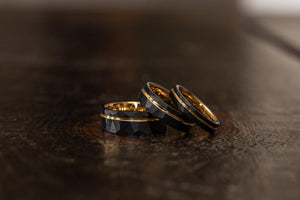 "Zeus" Womens Hammered Tungsten Carbide Ring- Black w/ Yellow Gold Strip- 4mm