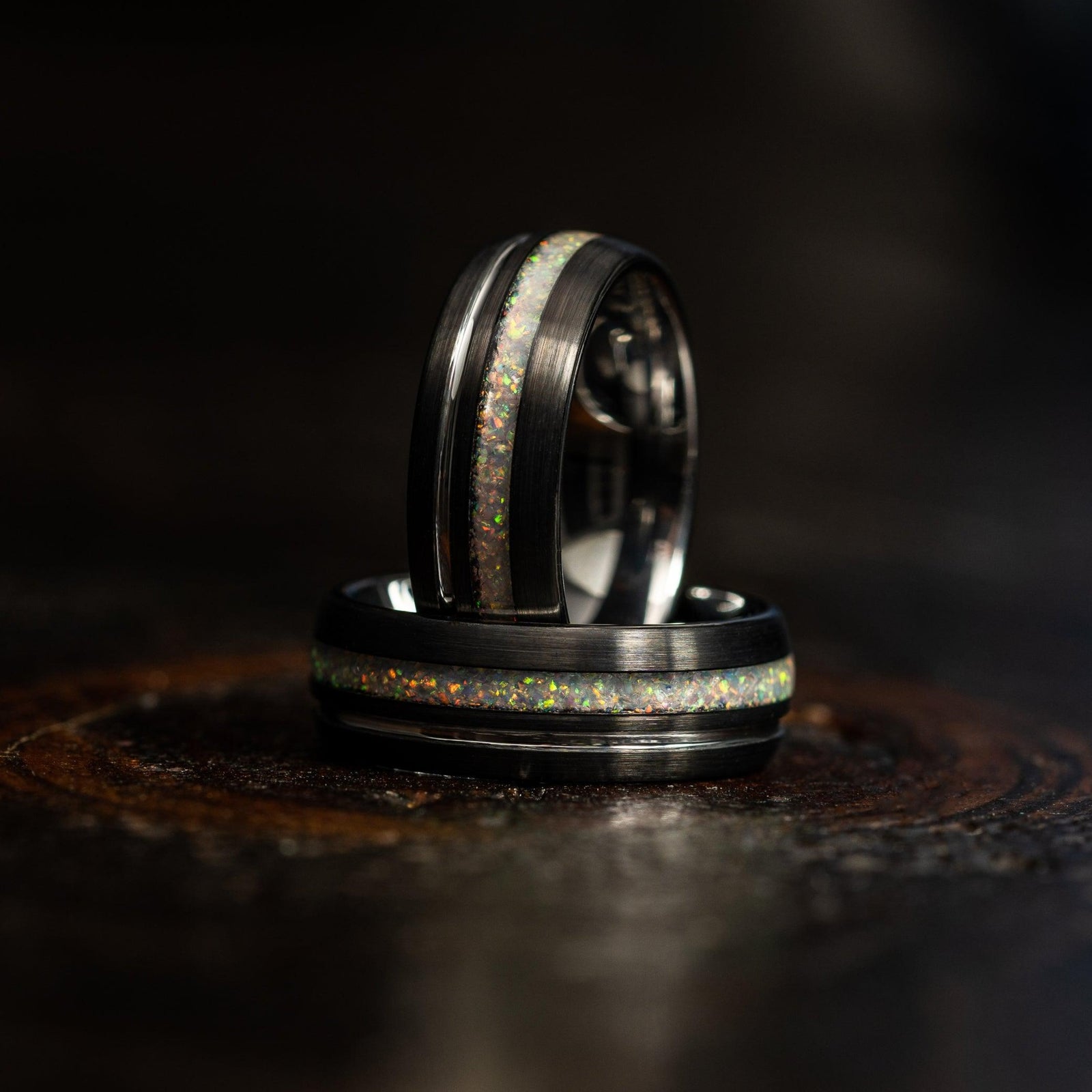"Dionysus" Black x Fire Opal White Gold Tungsten Ring