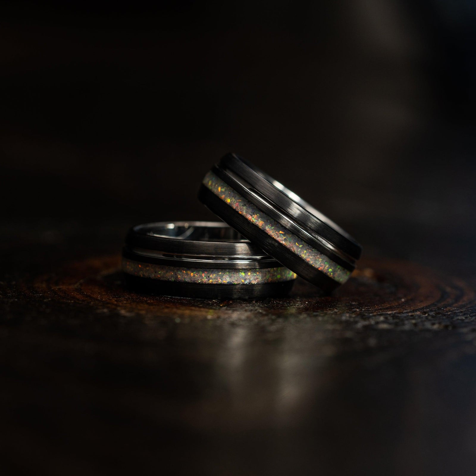 "Dionysus" Black x Fire Opal White Gold Tungsten Ring