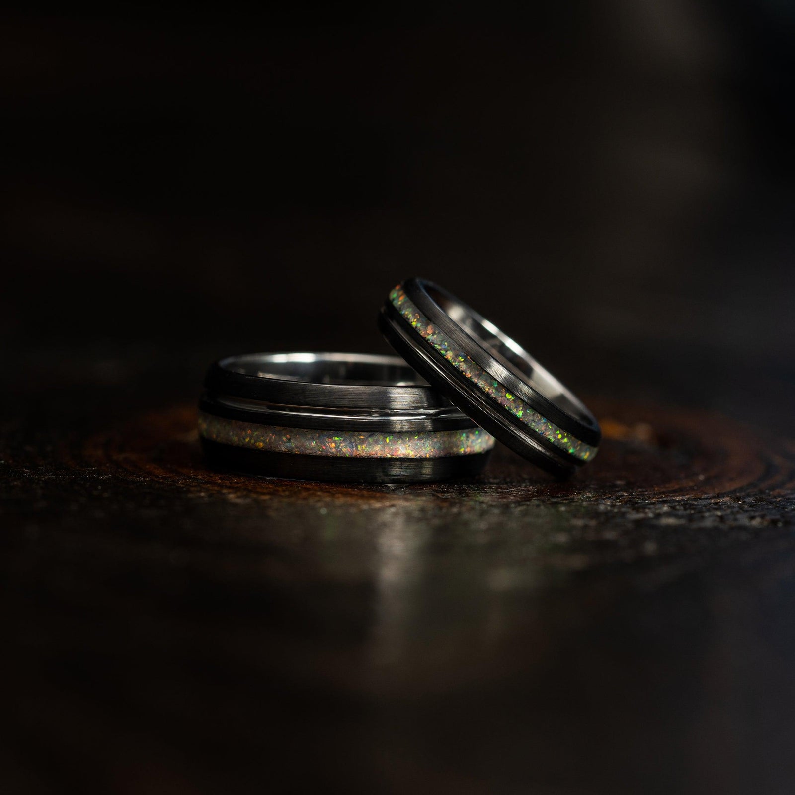 "Dionysis" Womens Tungsten Carbide Ring- White Gold X Fire Opal- 5mm