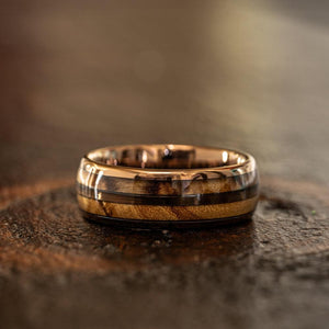 "Dionysus" Olive Wood Double Barrel Rose Gold Tungsten Ring-Rings By Lux