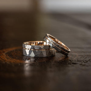 "Zeus" Womens Hammered Tungsten Carbide Ring- White Gold w/ Rose Gold Strip- 4mm-Rings By Lux
