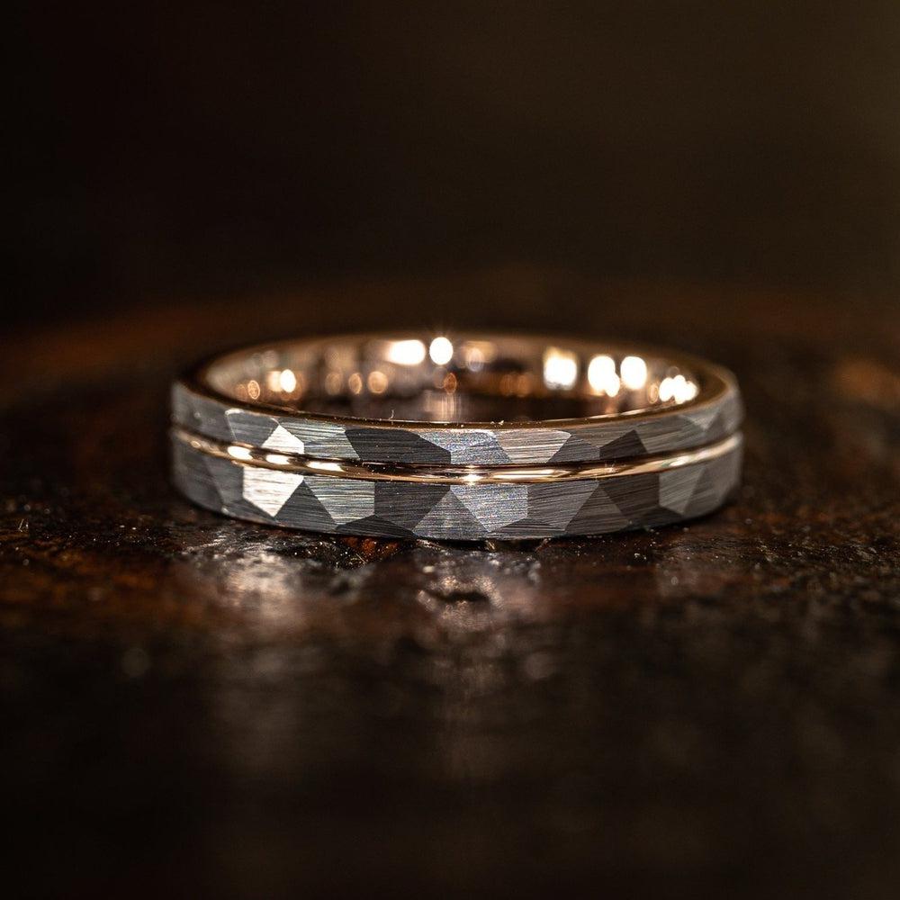 "Zeus" Womens Hammered Tungsten Carbide Ring- White Gold w/ Rose Gold Strip- 4mm-Rings By Lux