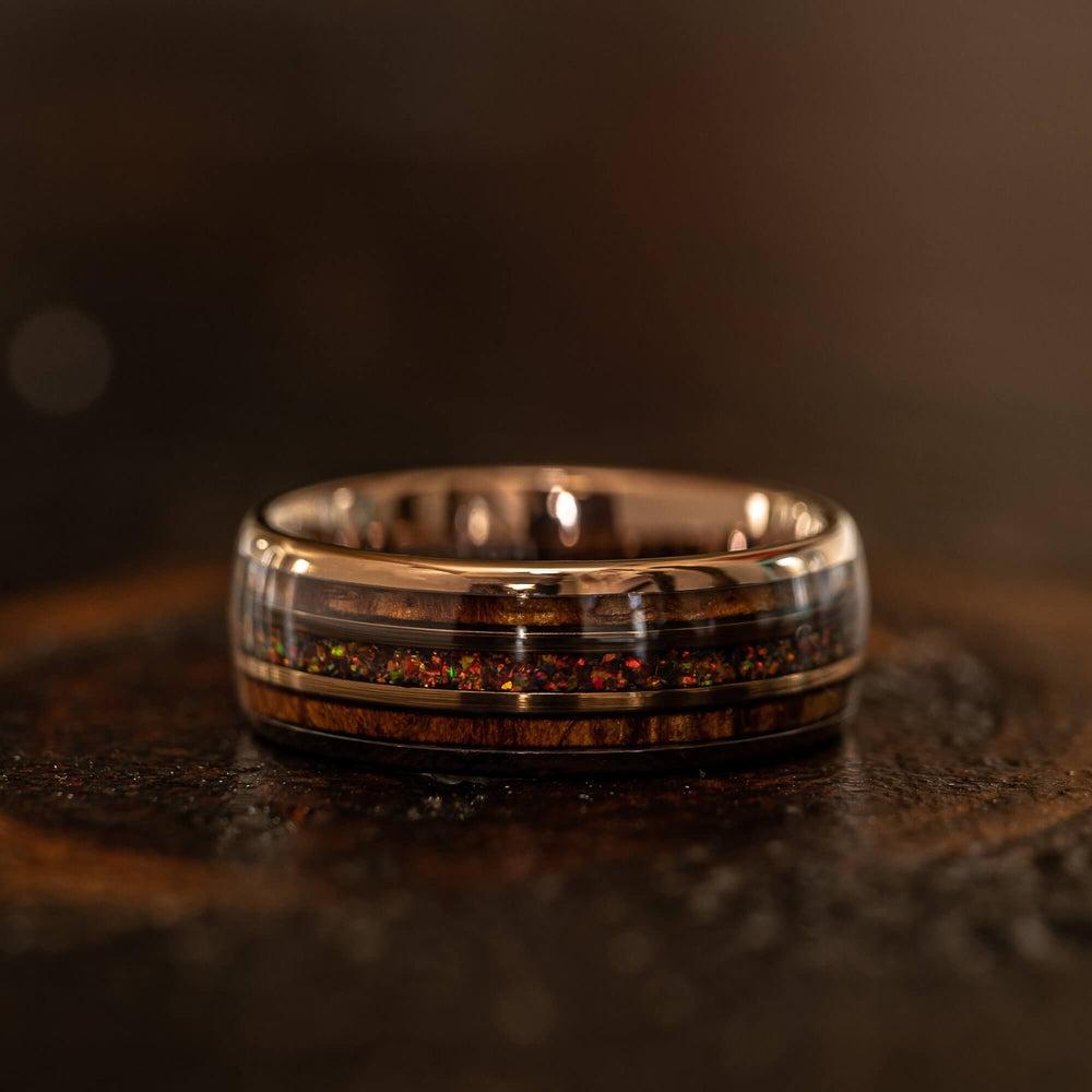 "Dionysus" Hawaiian Koa Wood x Rasta Opal Rose Gold Tungsten Ring-Rings By Lux