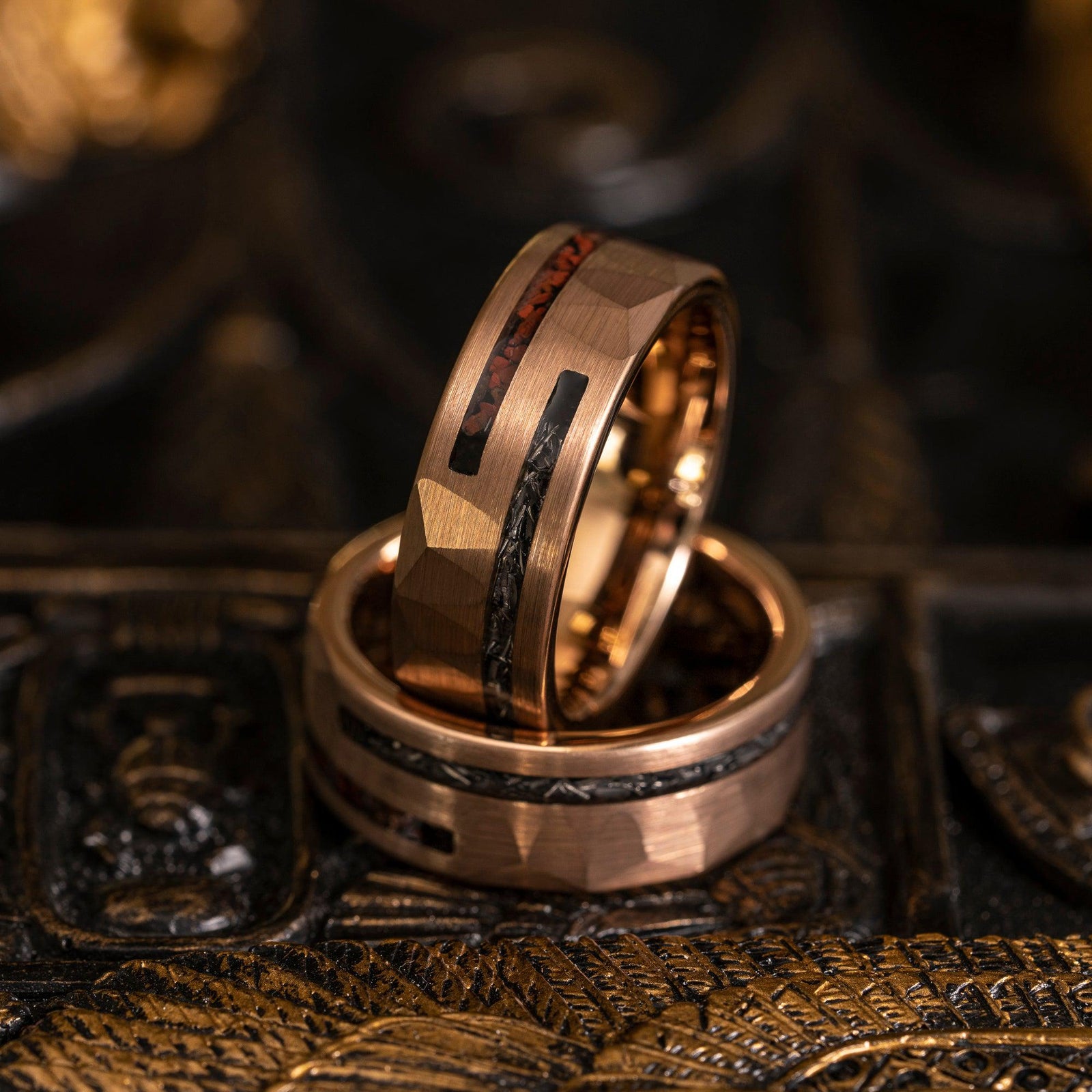 "Perseus" Rose Gold Hammered Tungsten Carbide Ring- Dinosaur and Meteorite- 8mm