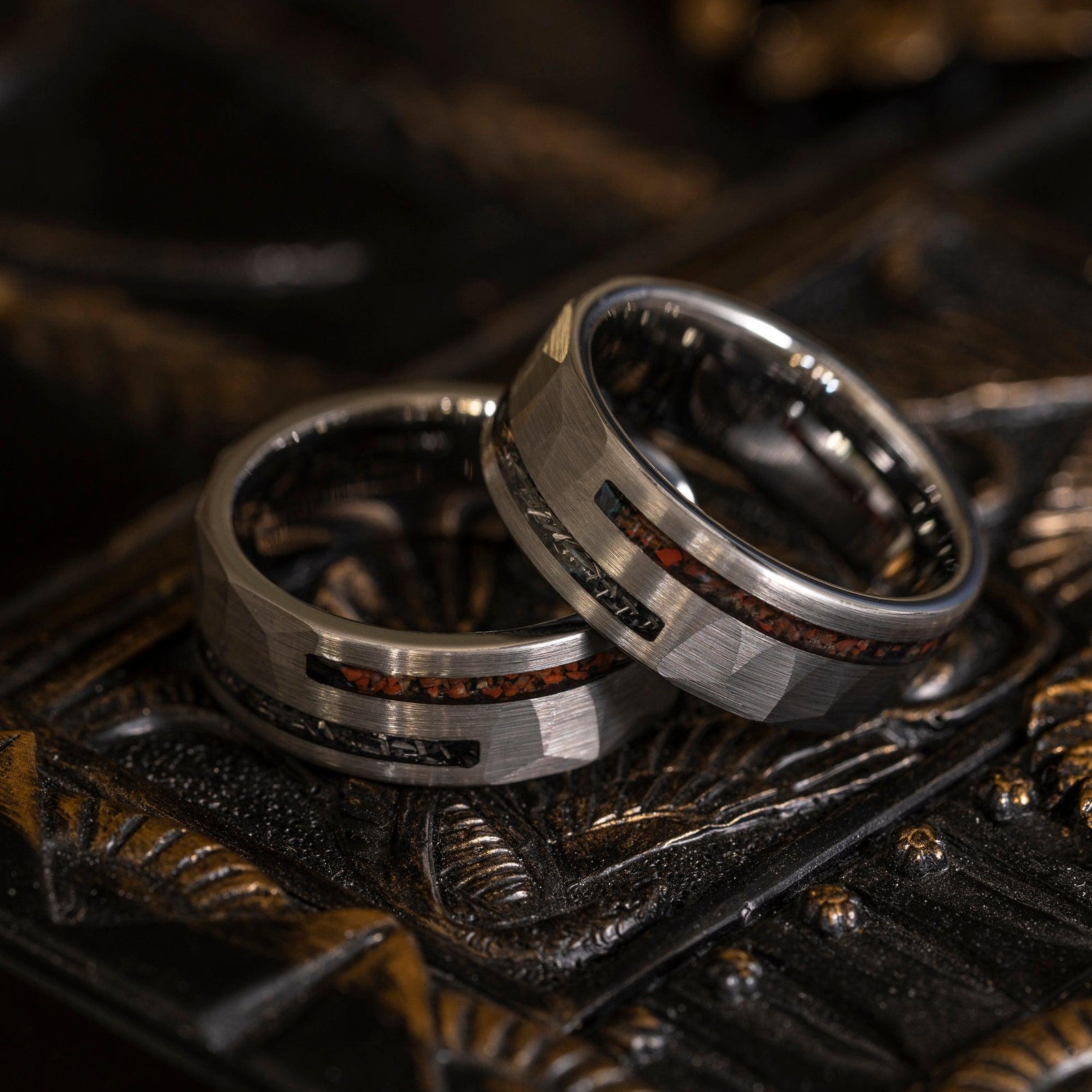 "Perseus" Silver Hammered Tungsten Carbide Ring- Dinosaur and Meteorite- 8mm