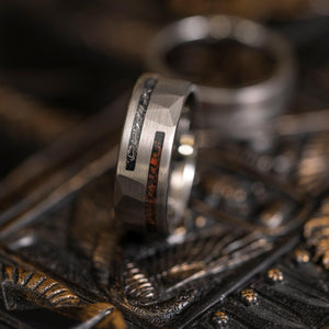 "Perseus" Silver Hammered Tungsten Carbide Ring- Dinosaur and Meteorite- 8mm