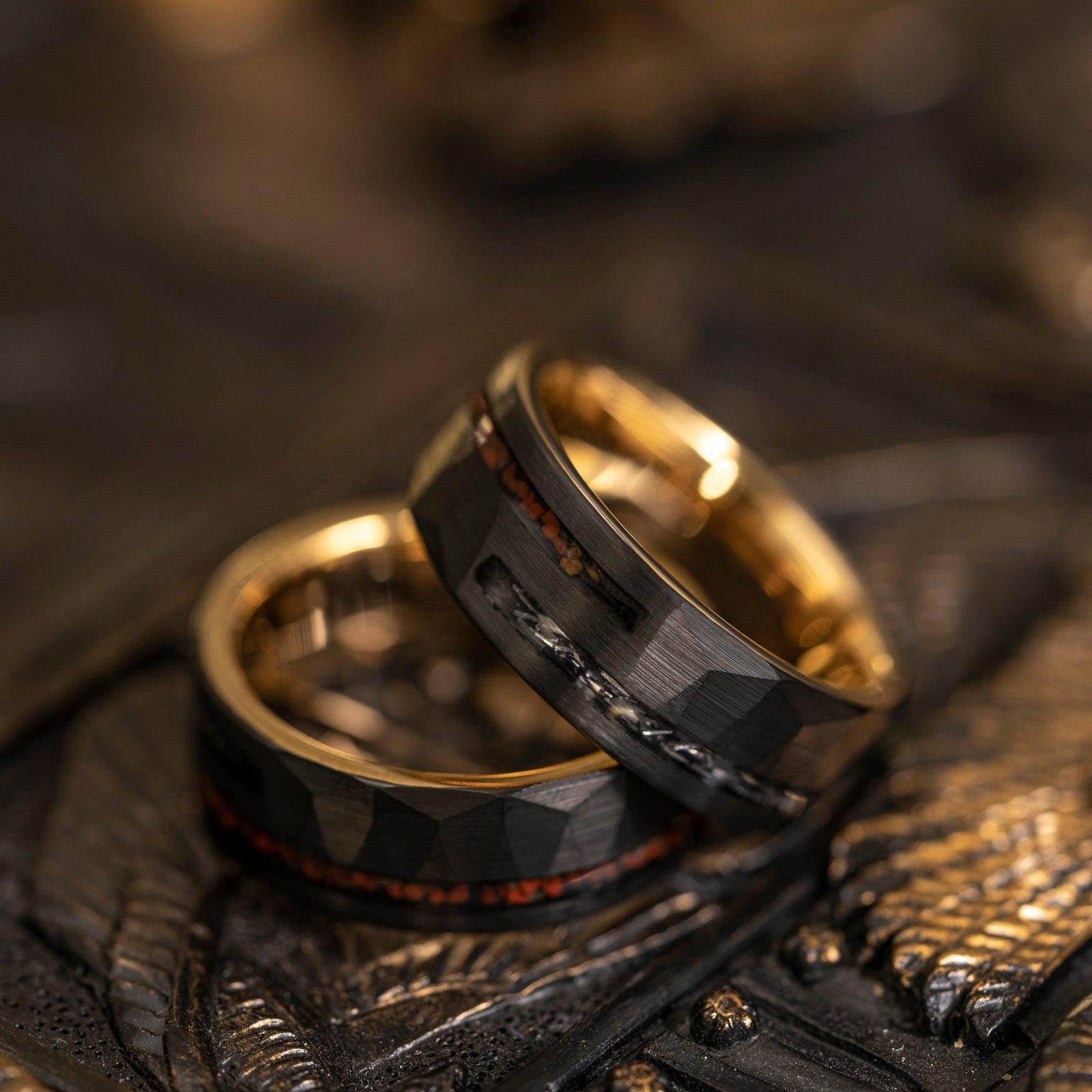 "Perseus" Black x Yellow Gold Hammered Tungsten Carbide Ring- Dinosaur and Meteorite- 8mm