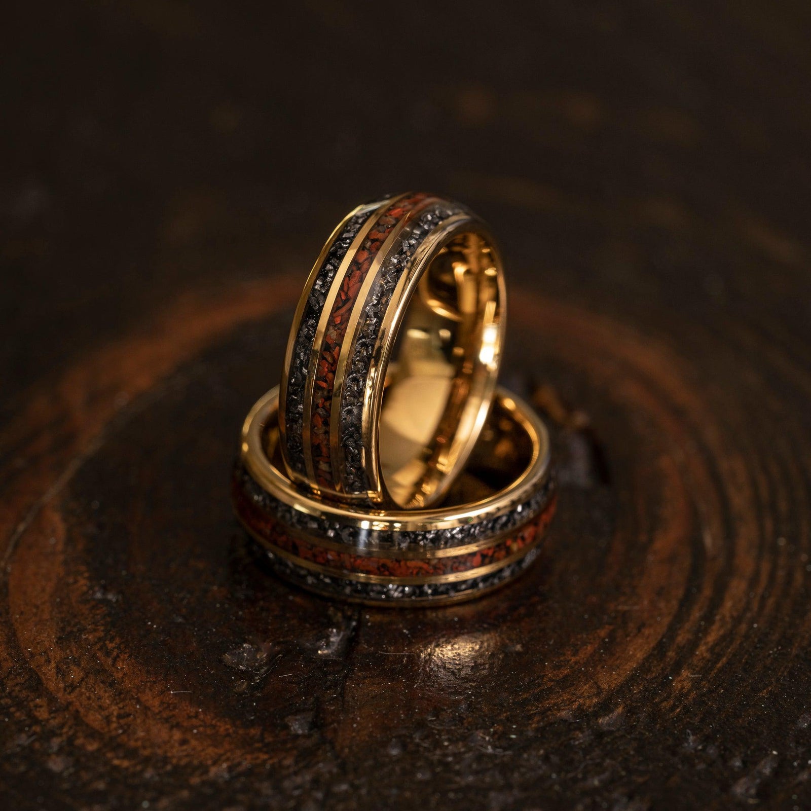 "Perseus" Yellow Gold Domed Tungsten Carbide Ring- Dinosaur and Meteorite- 6mm/8mm