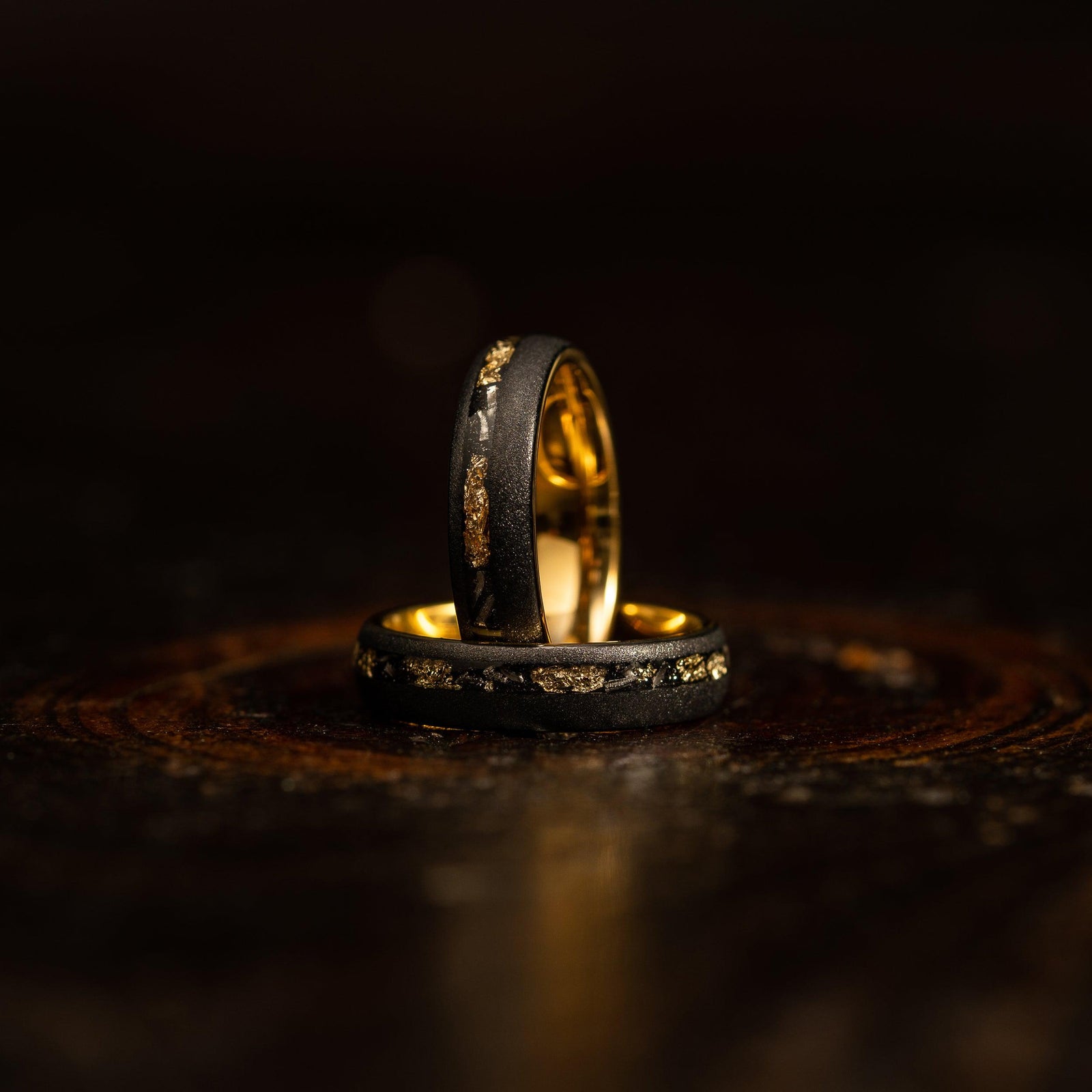 "Dionysus" Sandblasted Tungsten Carbide Ring- Womens Black w/ Gold Leaf & Meteorite- 5mm