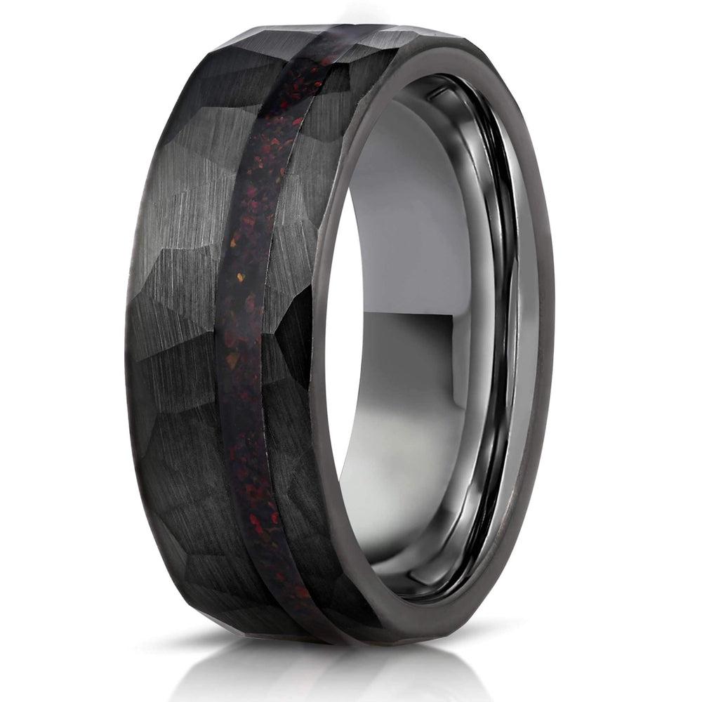 "Zeus" Hammered Tungsten Carbide Ring- Black w/ Black Opal Strip- 8mm-Rings By Lux